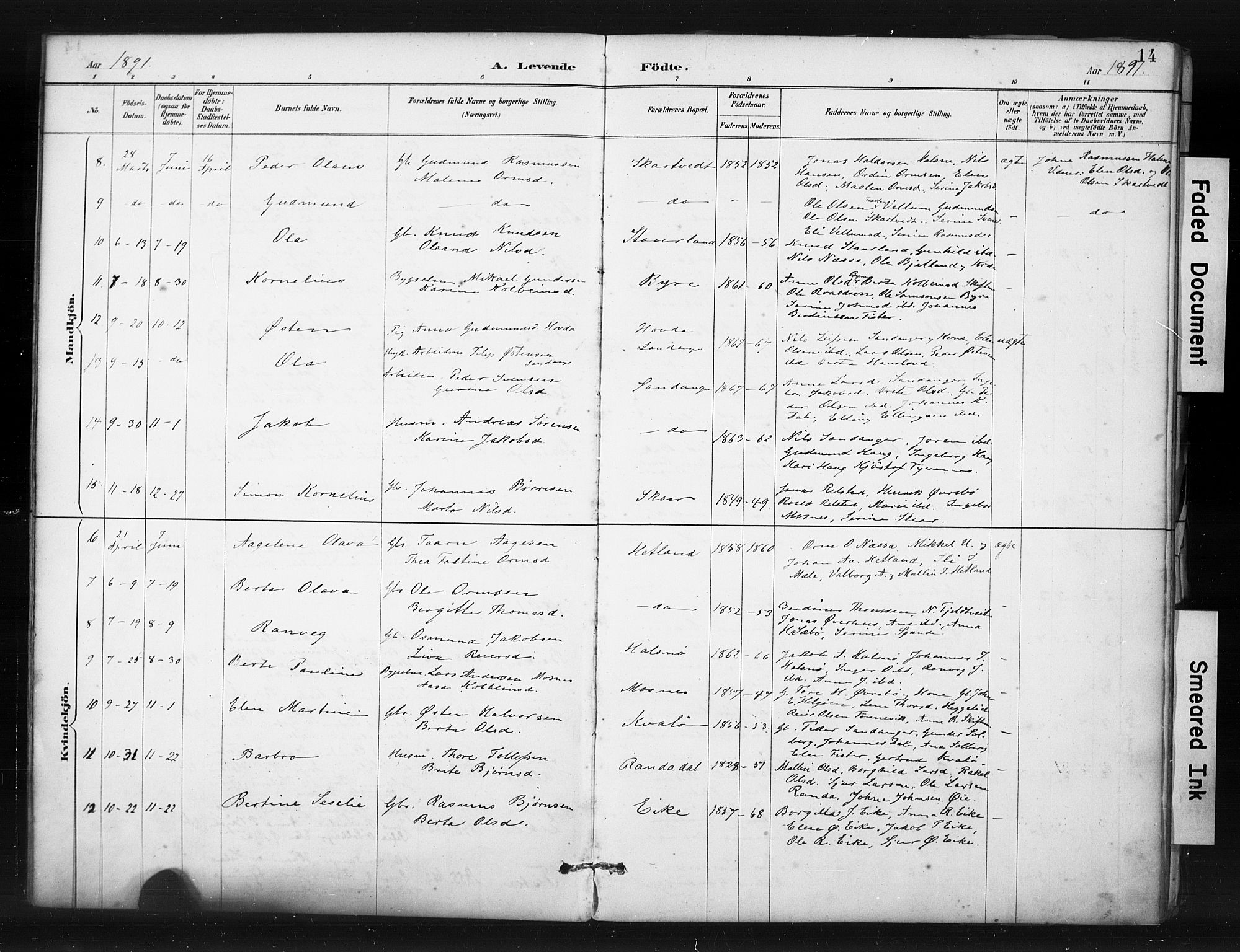 Hjelmeland sokneprestkontor, SAST/A-101843/01/IV/L0015: Parish register (official) no. A 15, 1887-1910, p. 14
