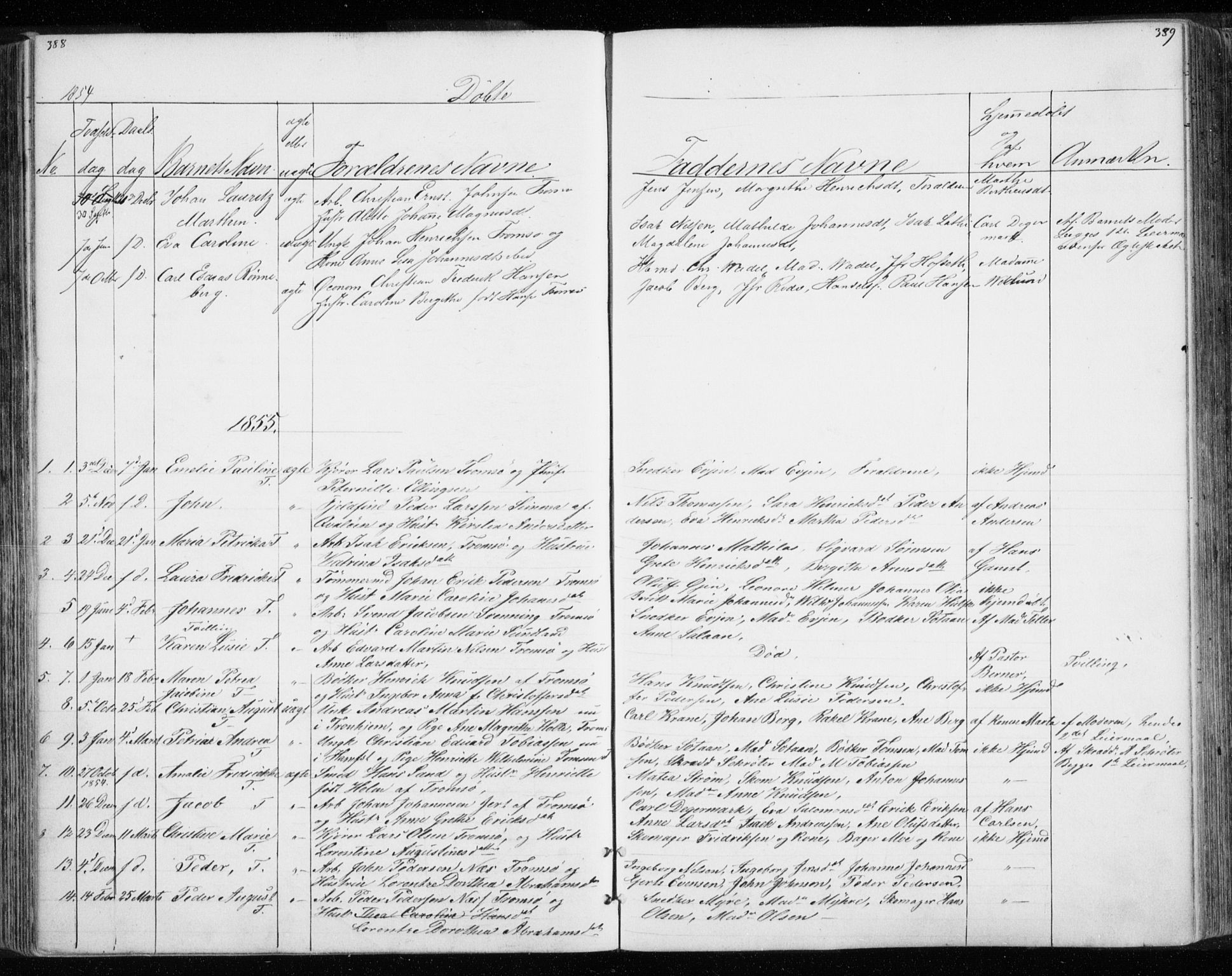 Tromsø sokneprestkontor/stiftsprosti/domprosti, SATØ/S-1343/G/Gb/L0005klokker: Parish register (copy) no. 5, 1846-1857, p. 388-389
