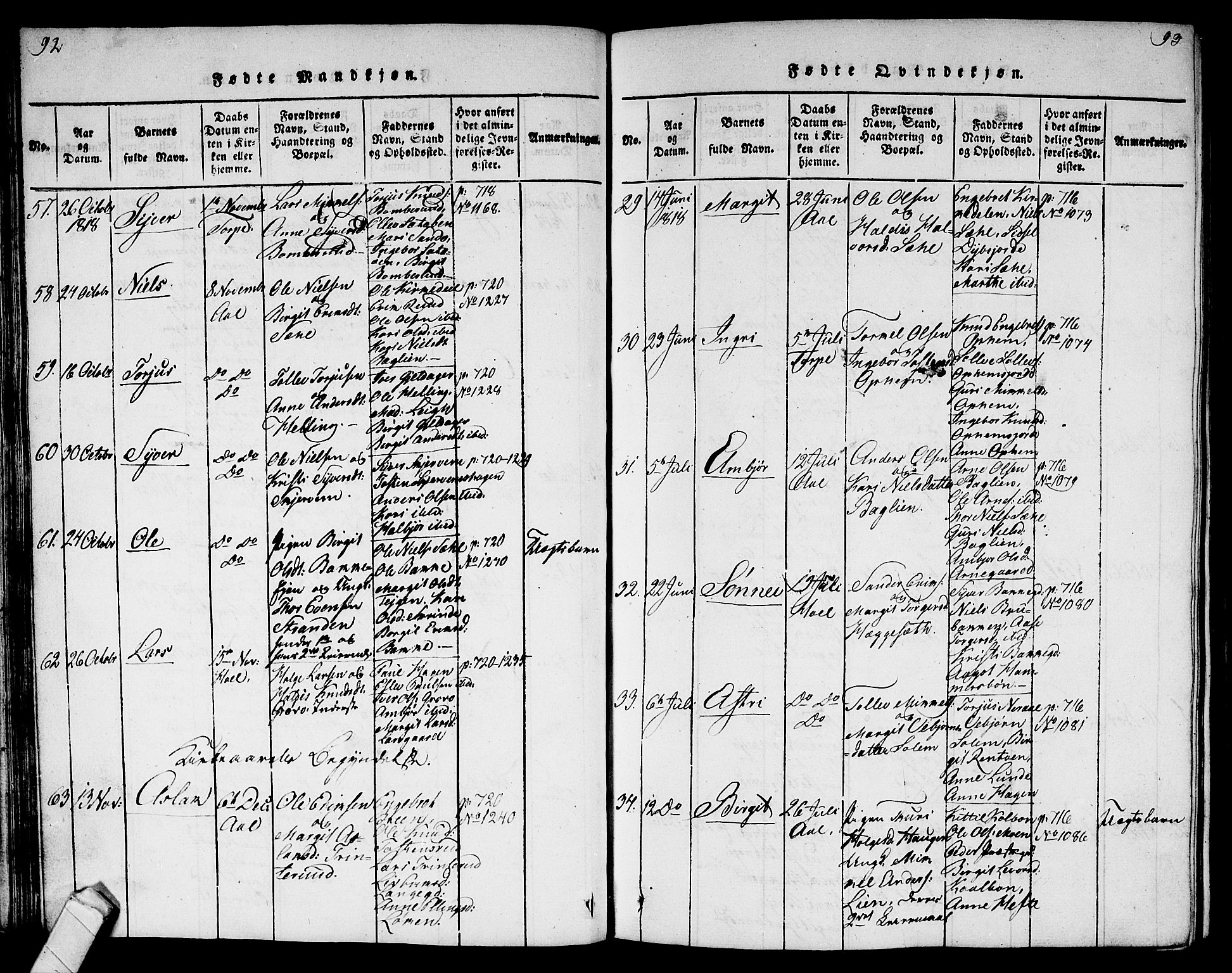 Ål kirkebøker, AV/SAKO-A-249/G/Ga/L0001: Parish register (copy) no. 1, 1815-1829, p. 92-93