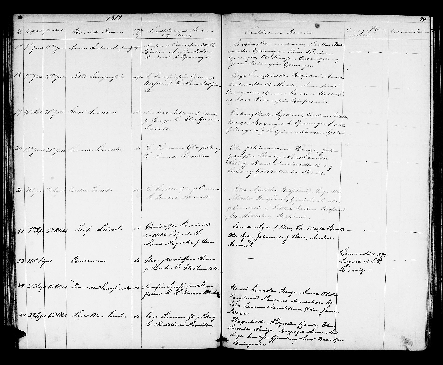 Husnes Sokneprestembete, AV/SAB-A-75901/H/Hab: Parish register (copy) no. A 1, 1856-1880, p. 47