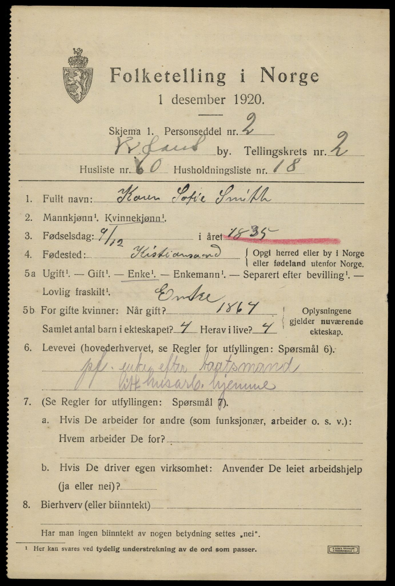 SAK, 1920 census for Kristiansand, 1920, p. 13727