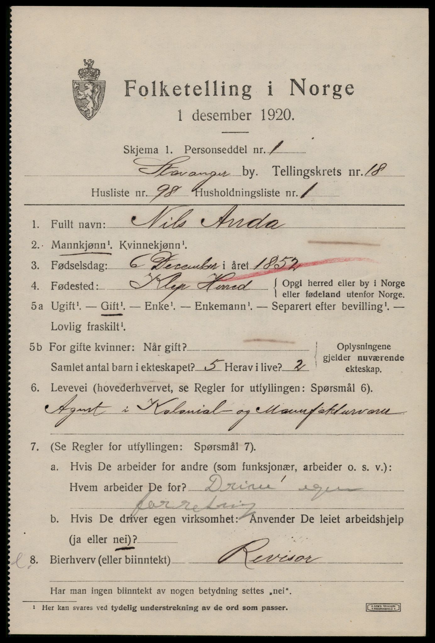 SAST, 1920 census for Stavanger, 1920, p. 67964