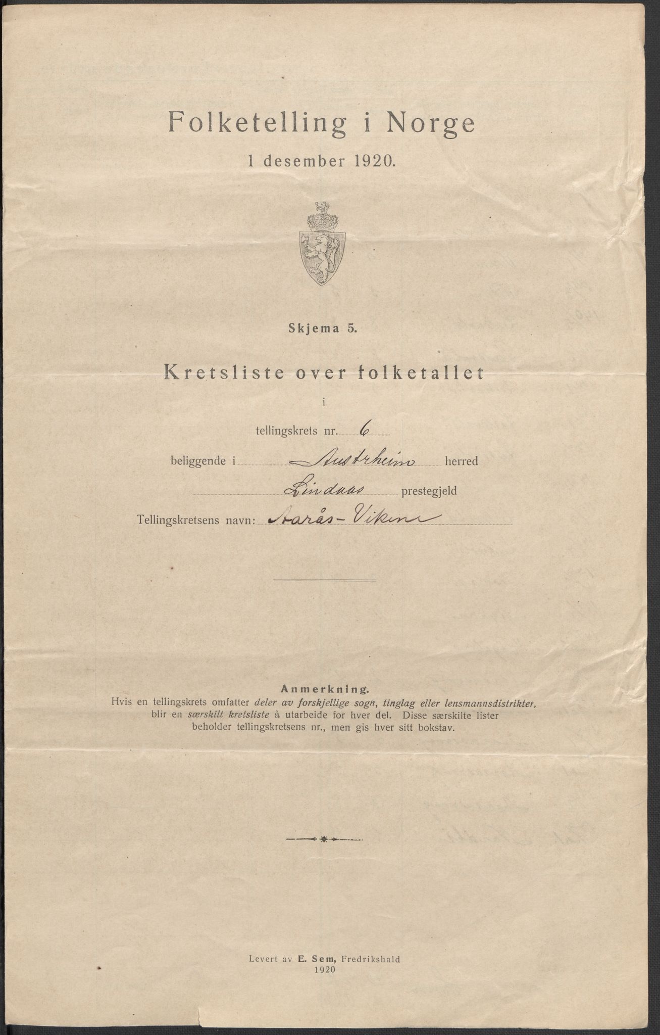 SAB, 1920 census for Austrheim, 1920, p. 20