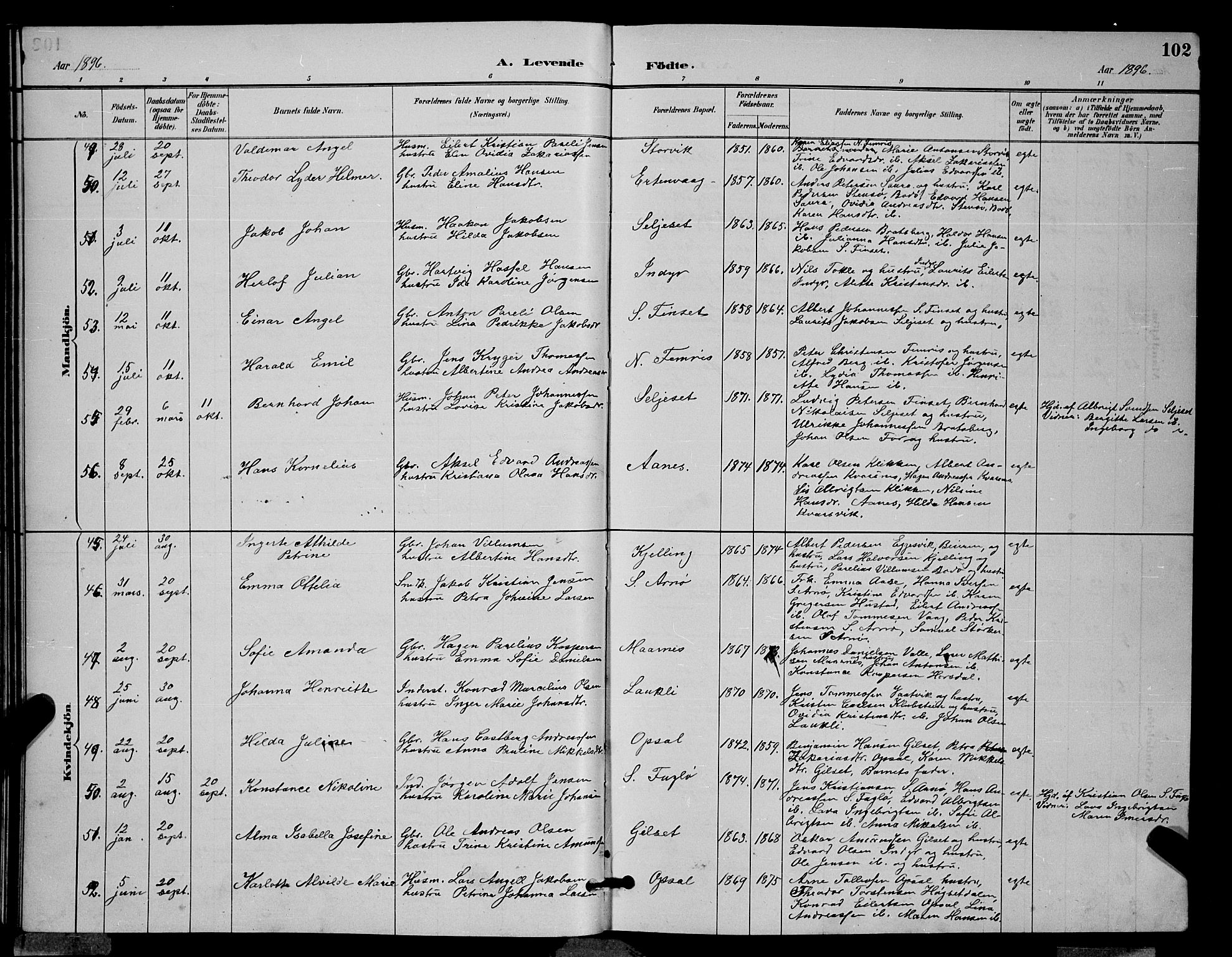 Ministerialprotokoller, klokkerbøker og fødselsregistre - Nordland, AV/SAT-A-1459/805/L0108: Parish register (copy) no. 805C04, 1885-1899, p. 102