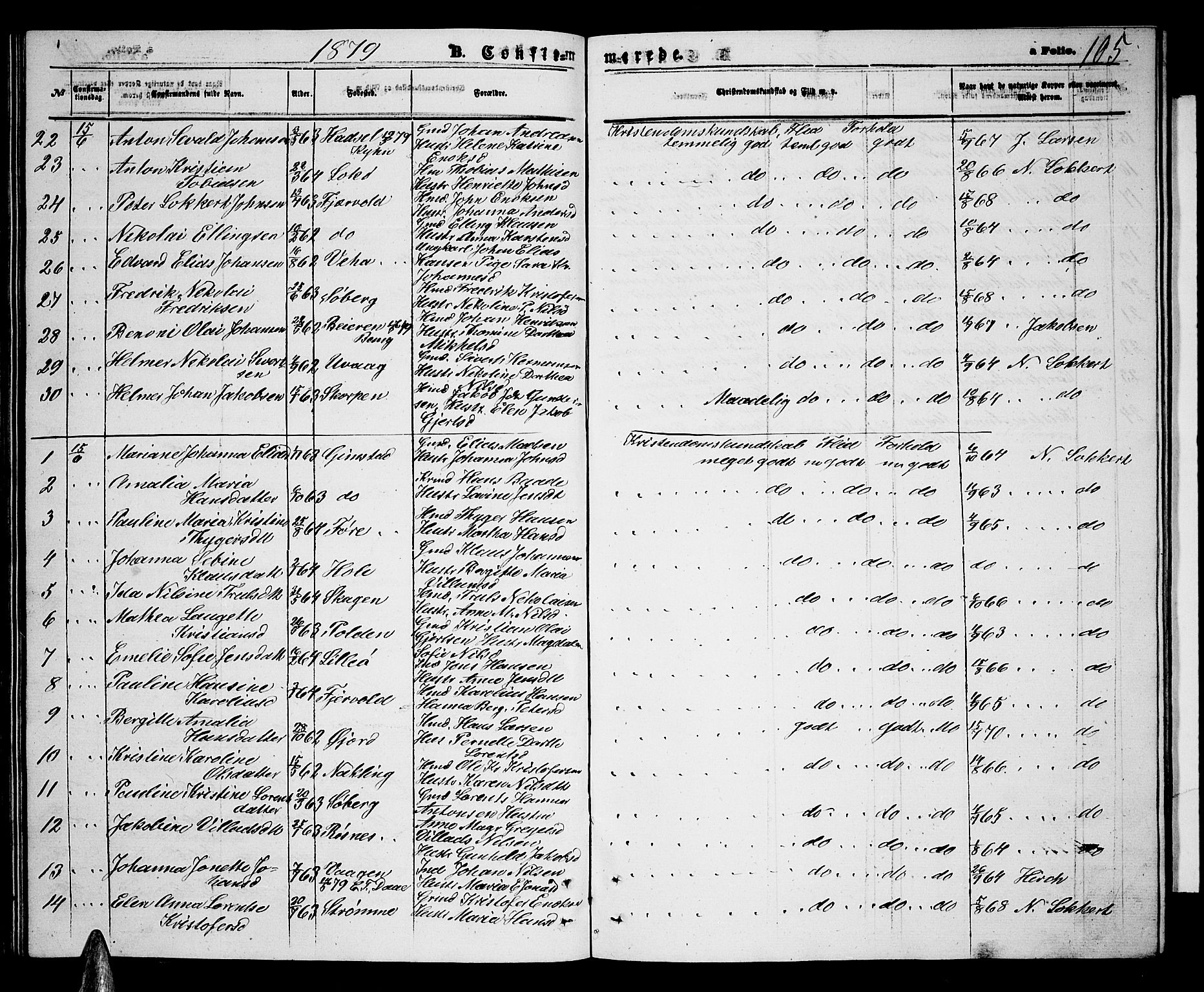 Ministerialprotokoller, klokkerbøker og fødselsregistre - Nordland, AV/SAT-A-1459/891/L1314: Parish register (copy) no. 891C03, 1870-1885, p. 105