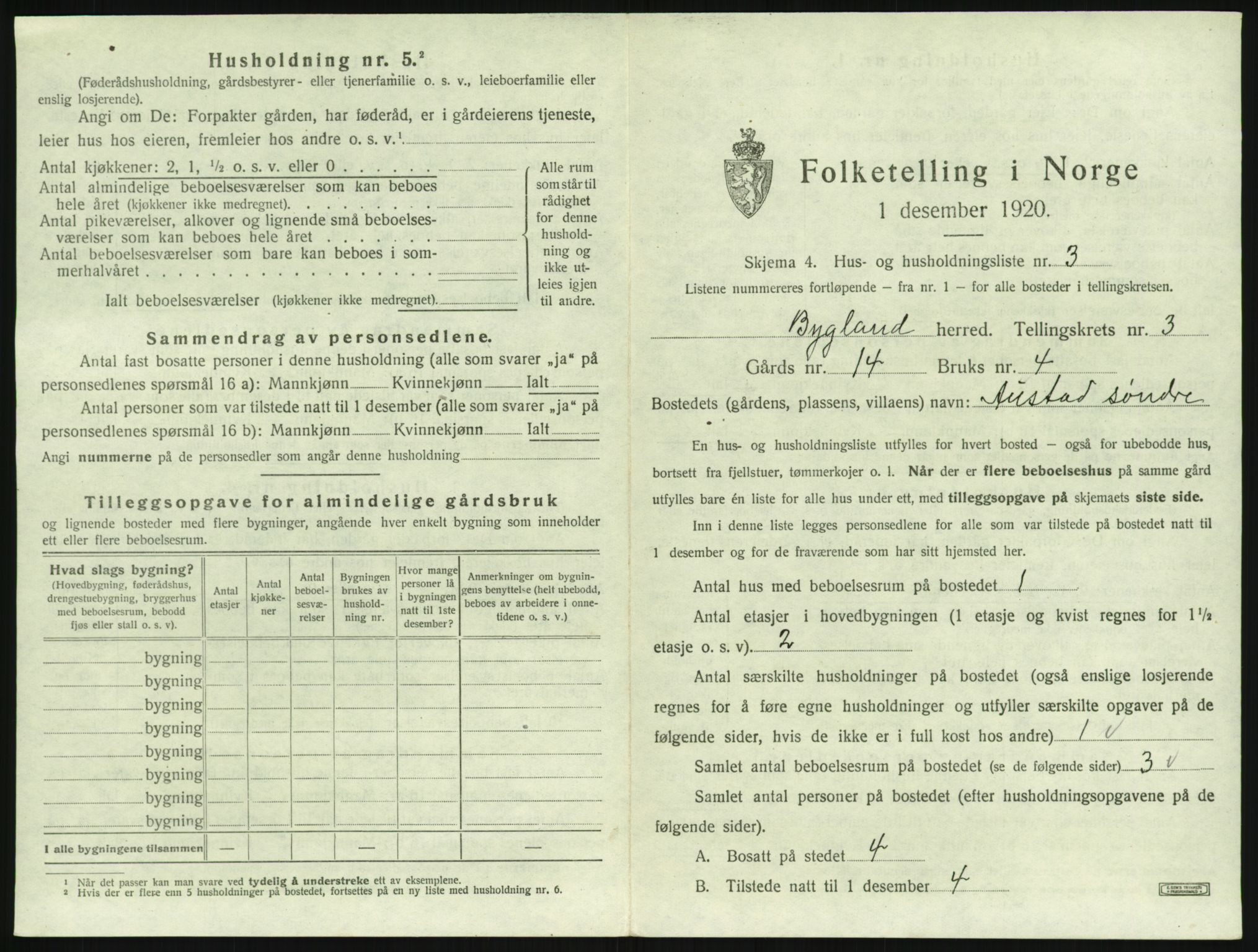 SAK, 1920 census for Bygland, 1920, p. 171