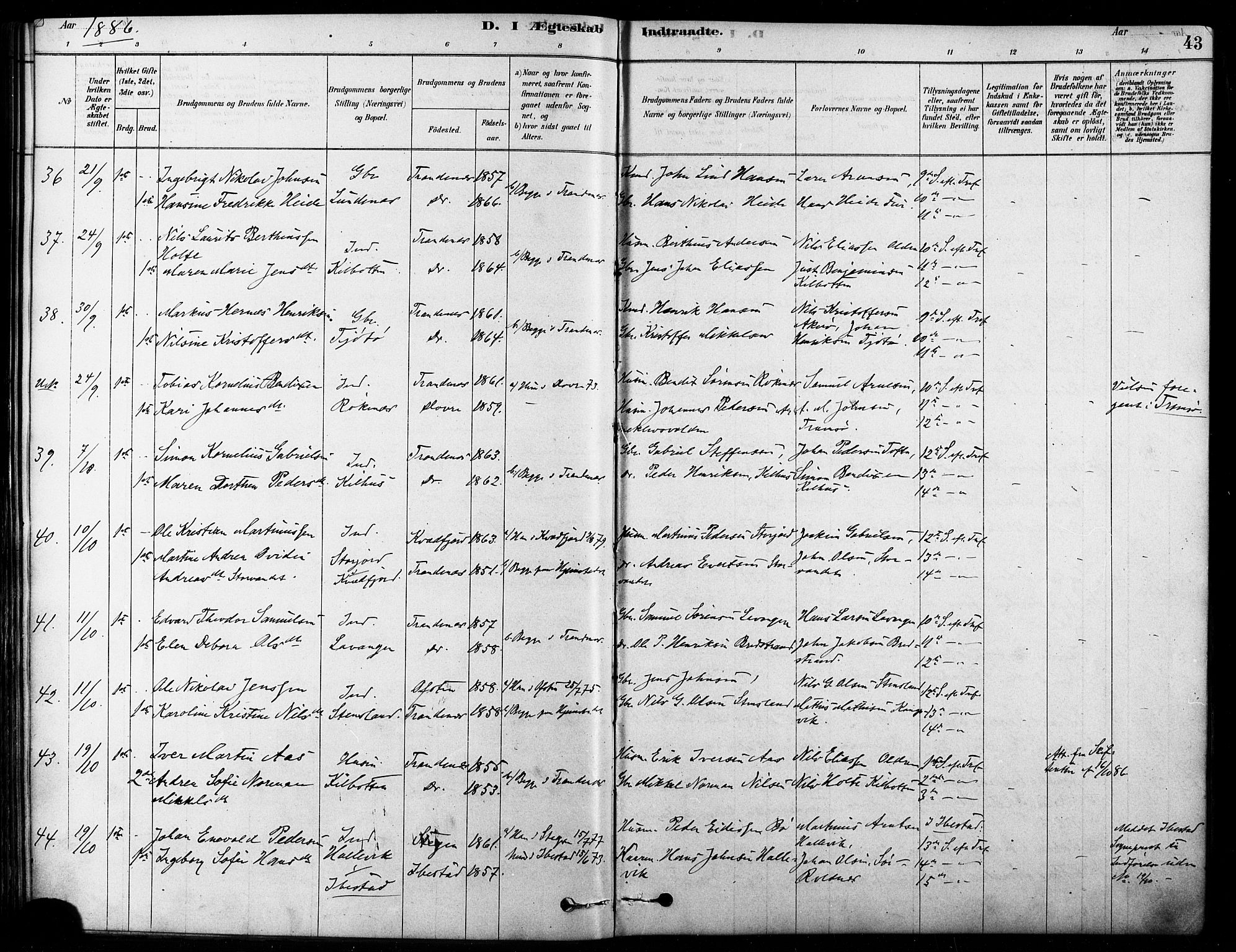 Trondenes sokneprestkontor, SATØ/S-1319/H/Ha/L0015kirke: Parish register (official) no. 15, 1878-1889, p. 43