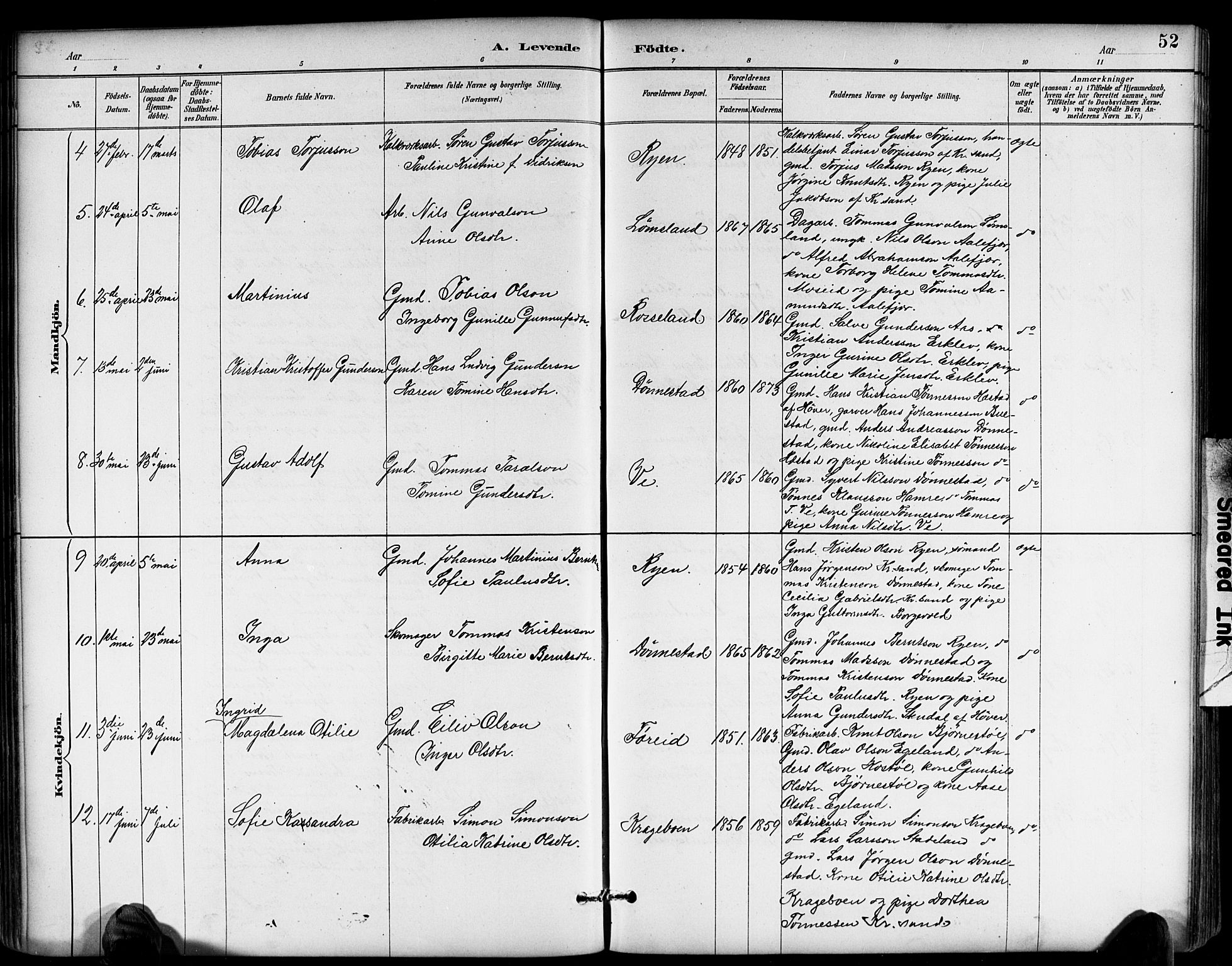 Tveit sokneprestkontor, AV/SAK-1111-0043/F/Fb/L0004: Parish register (copy) no. B 4, 1887-1914, p. 52