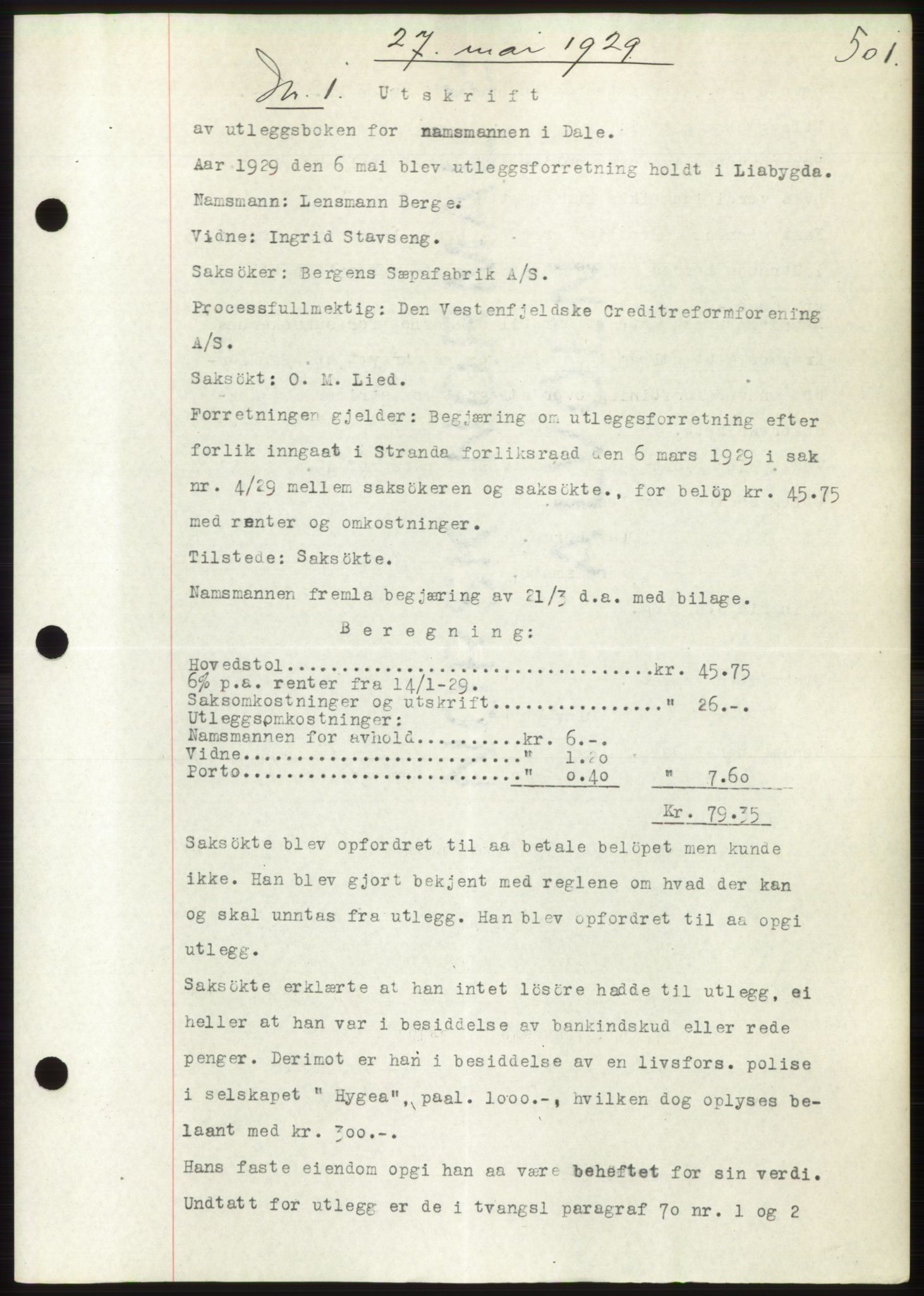 Nordre Sunnmøre sorenskriveri, AV/SAT-A-0006/1/2/2C/2Ca/L0043: Mortgage book no. 43, 1929-1929, Deed date: 27.05.1929