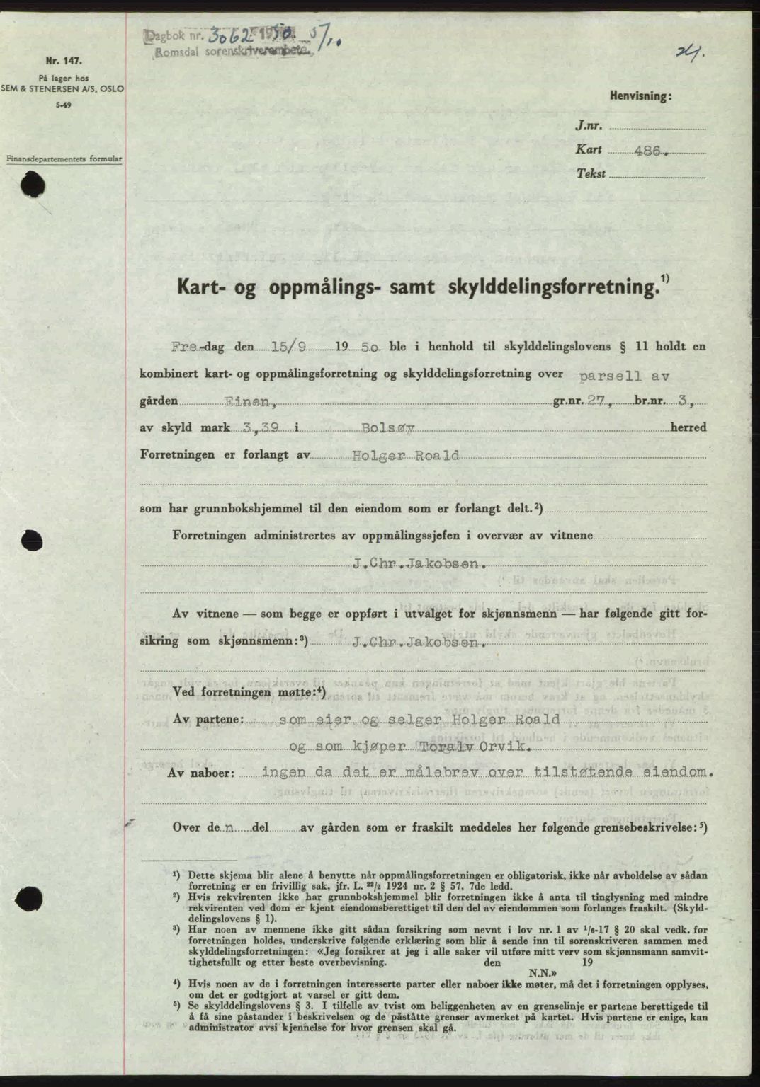 Romsdal sorenskriveri, AV/SAT-A-4149/1/2/2C: Mortgage book no. A34, 1950-1950, Diary no: : 3062/1950