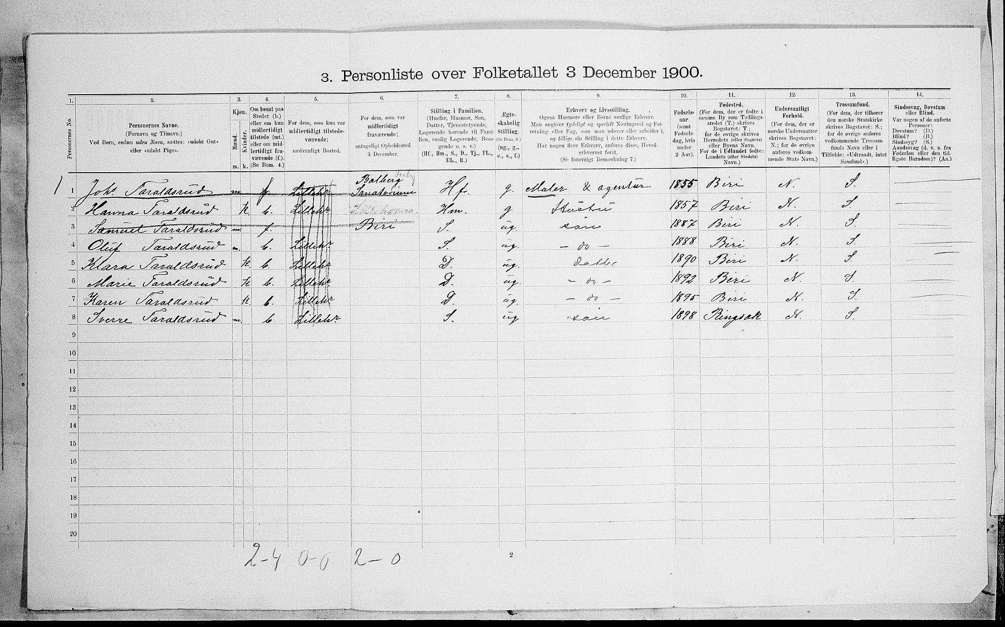 SAH, 1900 census for Lillehammer, 1900, p. 733