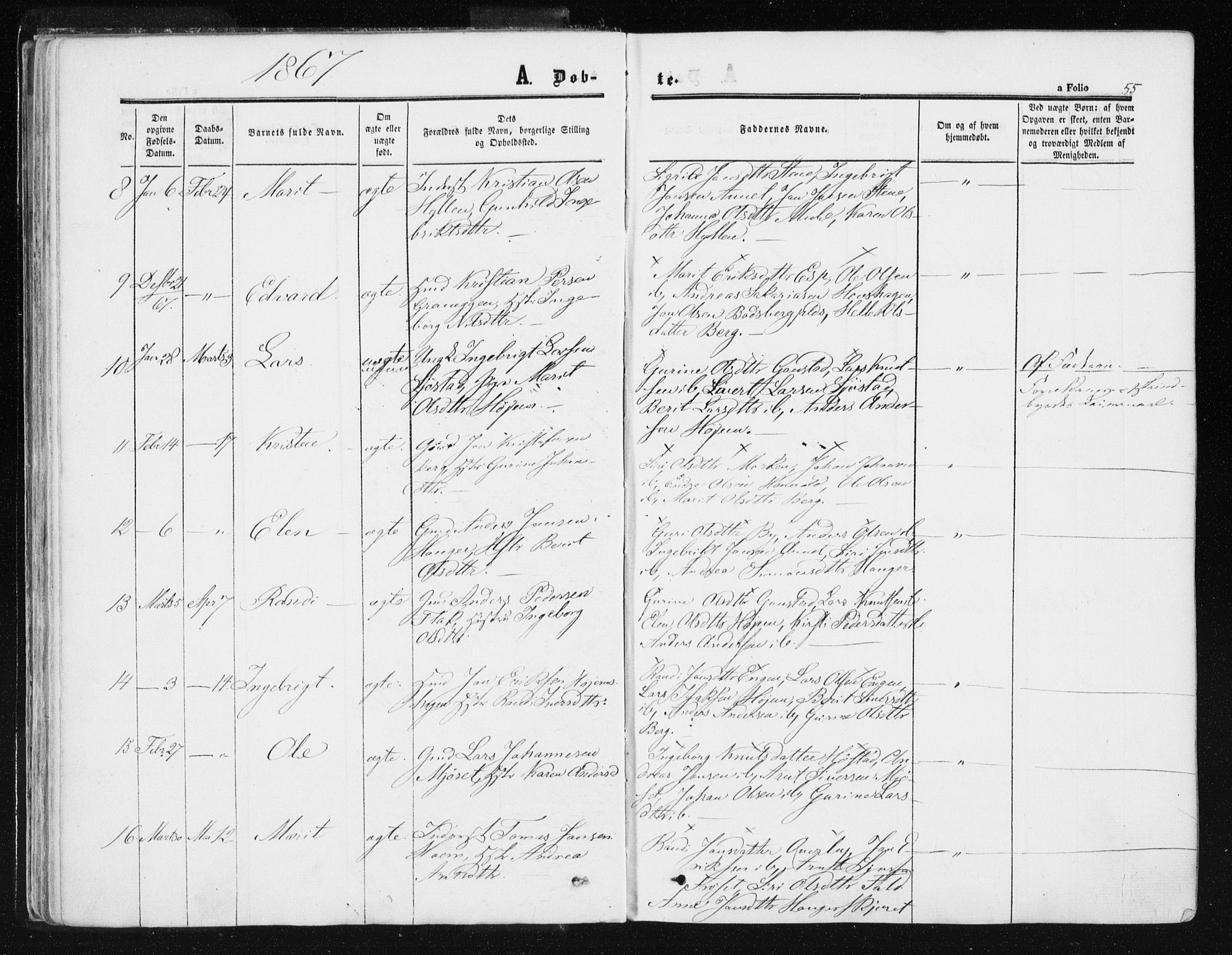 Ministerialprotokoller, klokkerbøker og fødselsregistre - Sør-Trøndelag, SAT/A-1456/612/L0377: Parish register (official) no. 612A09, 1859-1877, p. 55