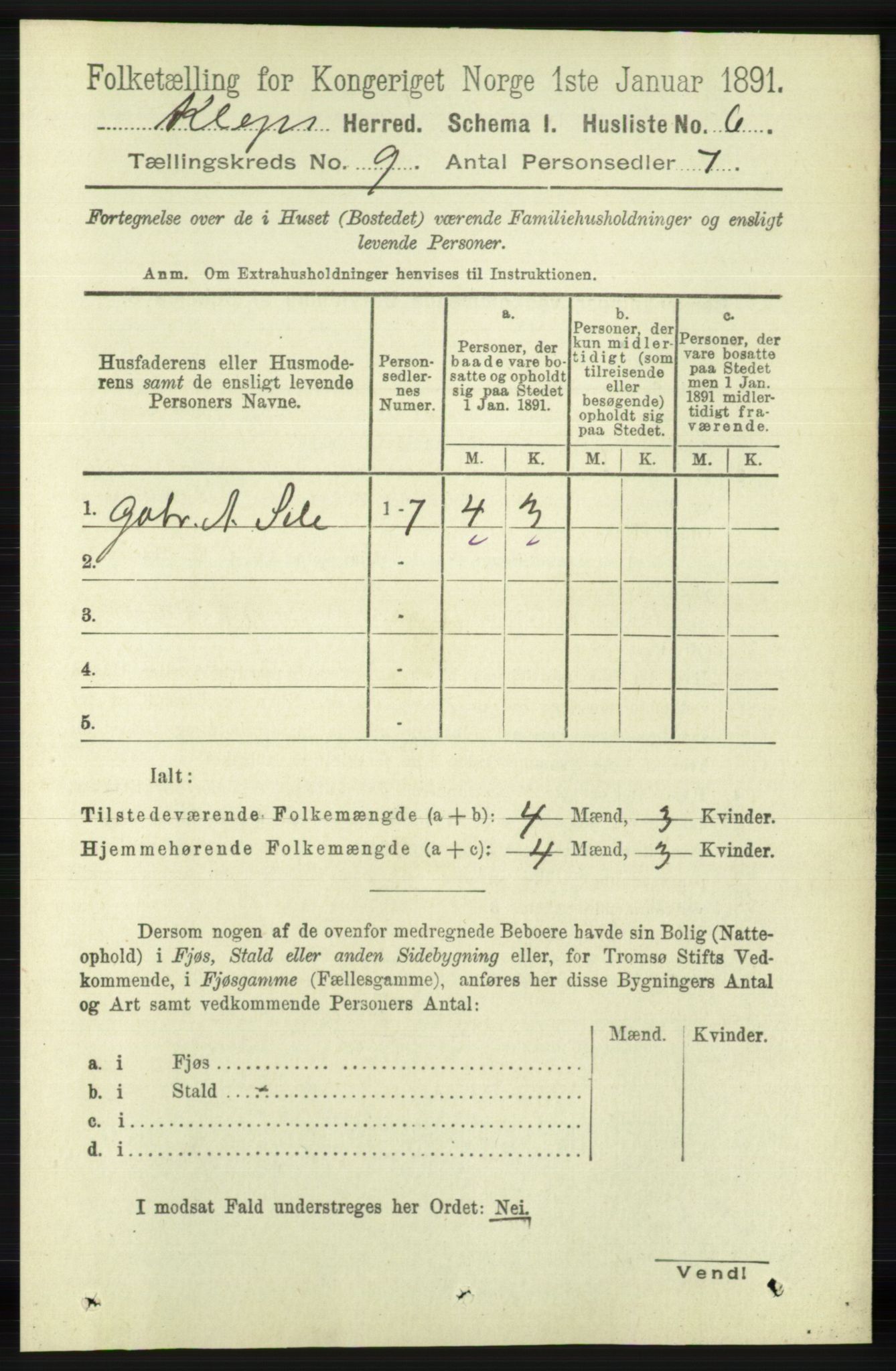 RA, 1891 census for 1120 Klepp, 1891, p. 2714