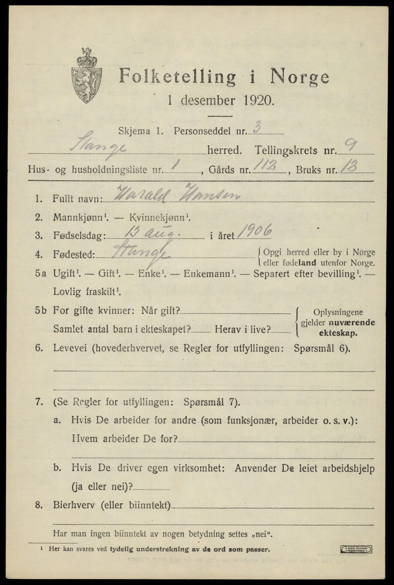 SAH, 1920 census for Stange, 1920, p. 14585