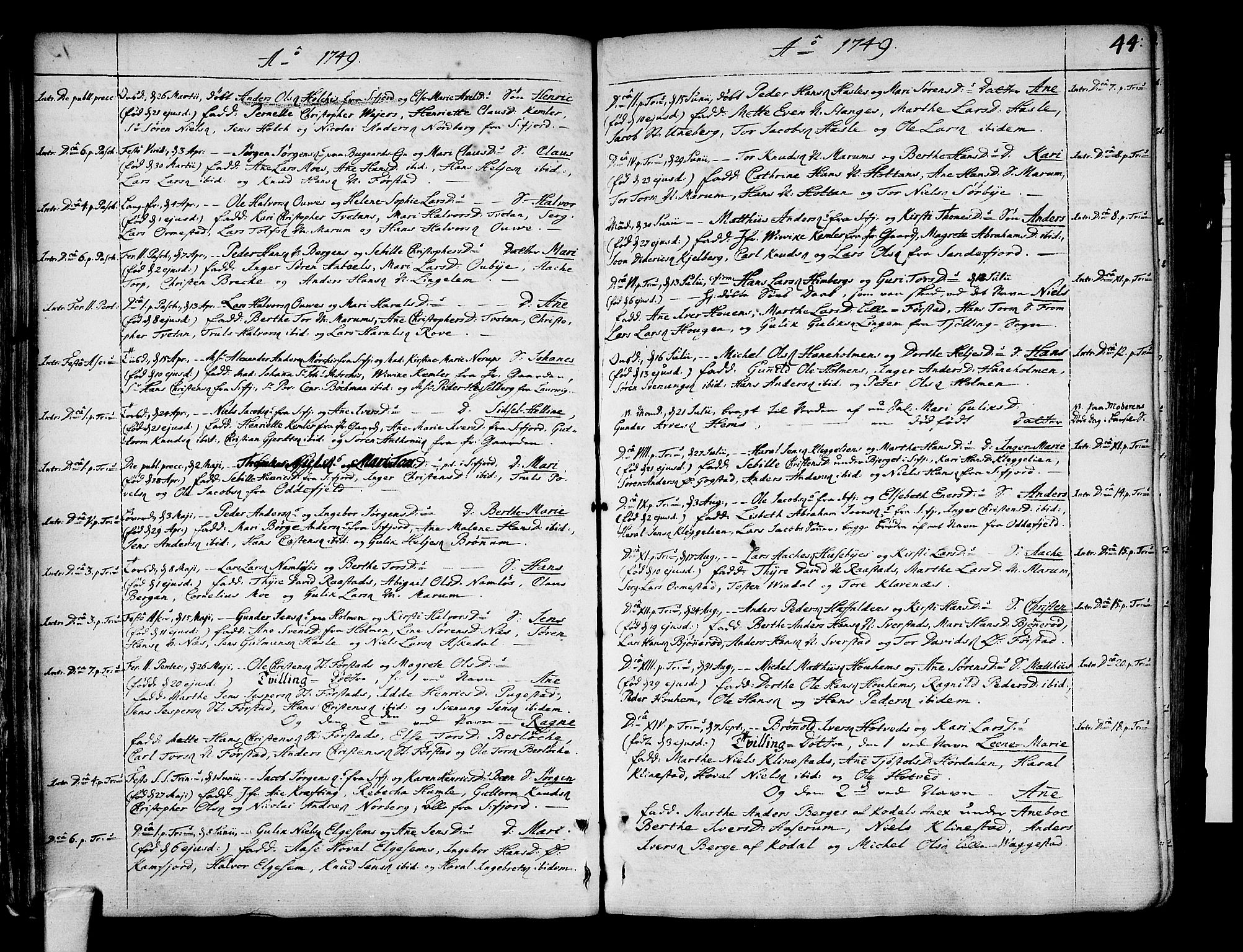 Sandar kirkebøker, SAKO/A-243/F/Fa/L0002: Parish register (official) no. 2, 1733-1788, p. 44