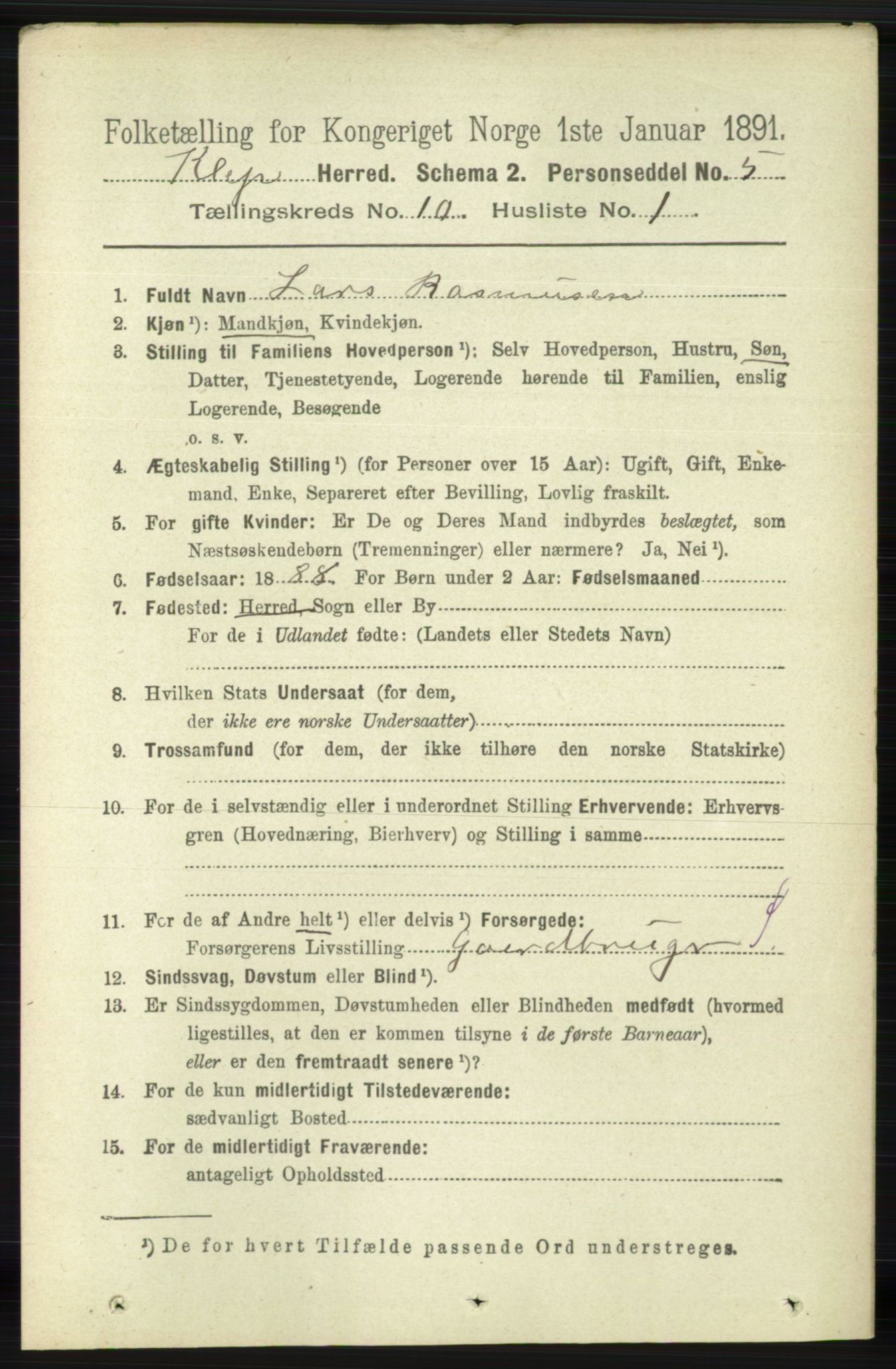 RA, 1891 census for 1120 Klepp, 1891, p. 2856