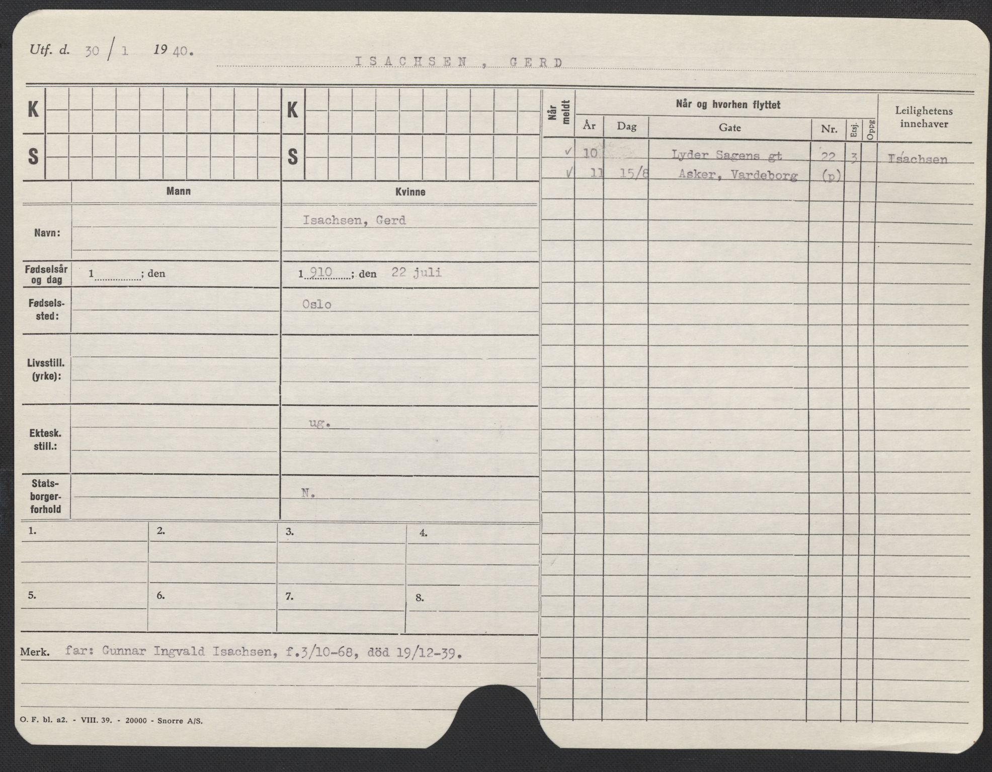 Oslo folkeregister, Registerkort, AV/SAO-A-11715/F/Fa/Fac/L0017: Kvinner, 1906-1914, p. 49a