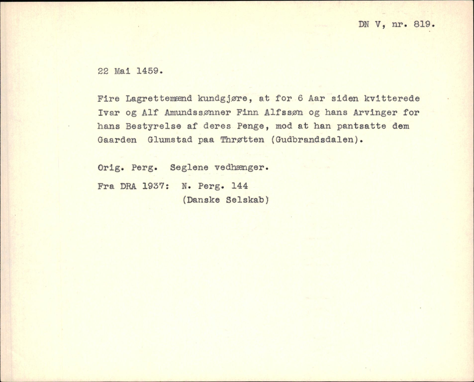 Riksarkivets diplomsamling, AV/RA-EA-5965/F35/F35f/L0003: Regestsedler: Diplomer fra DRA 1937 og 1996, p. 327