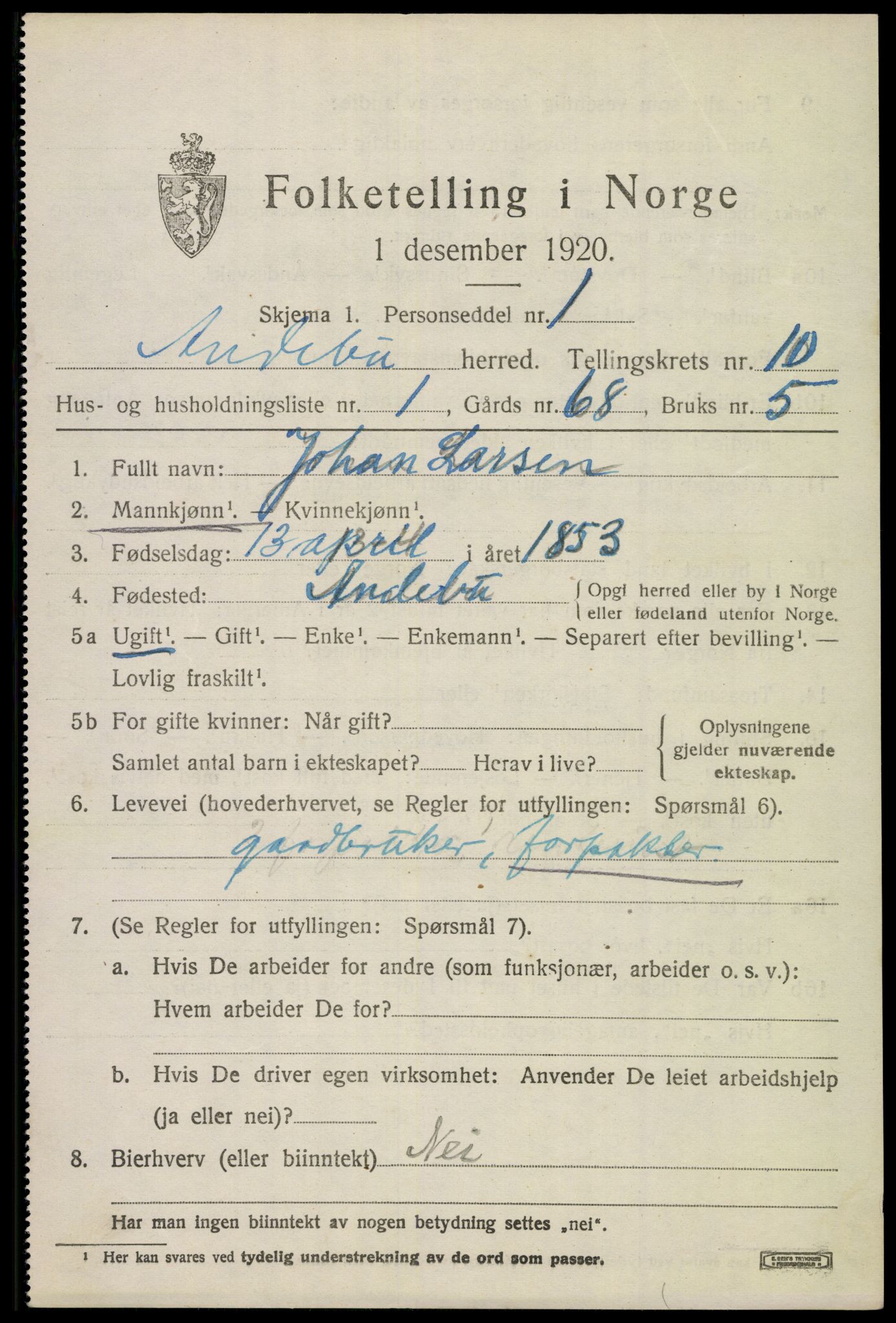 SAKO, 1920 census for Andebu, 1920, p. 4078