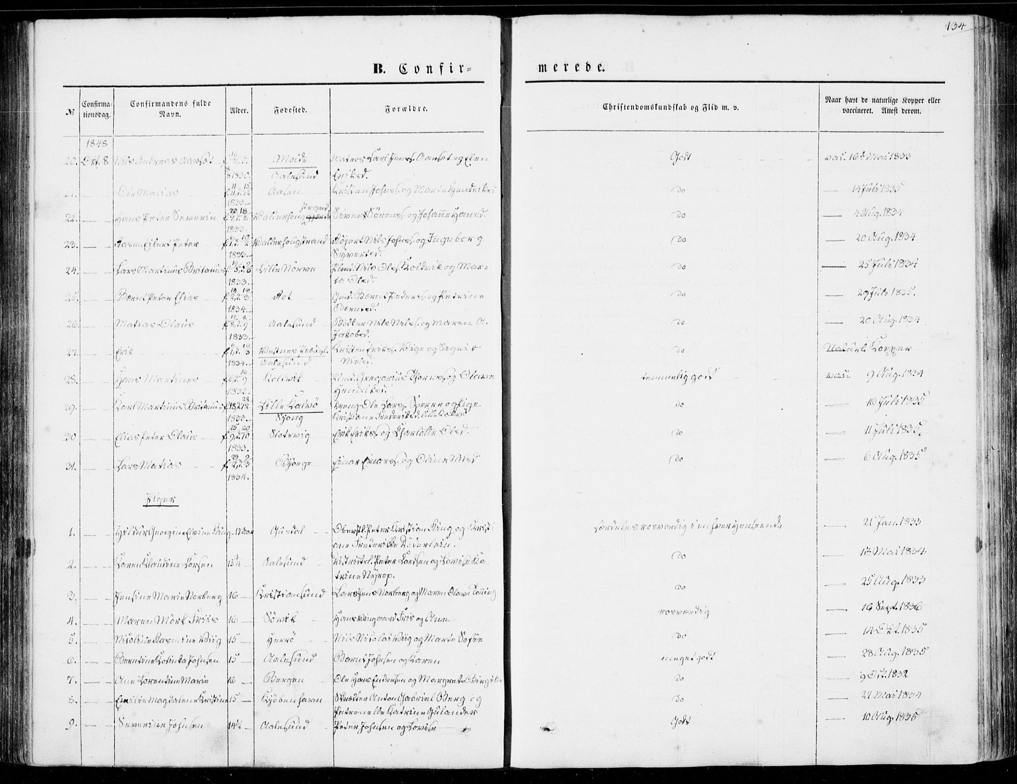 Ministerialprotokoller, klokkerbøker og fødselsregistre - Møre og Romsdal, AV/SAT-A-1454/528/L0397: Parish register (official) no. 528A08, 1848-1858, p. 134