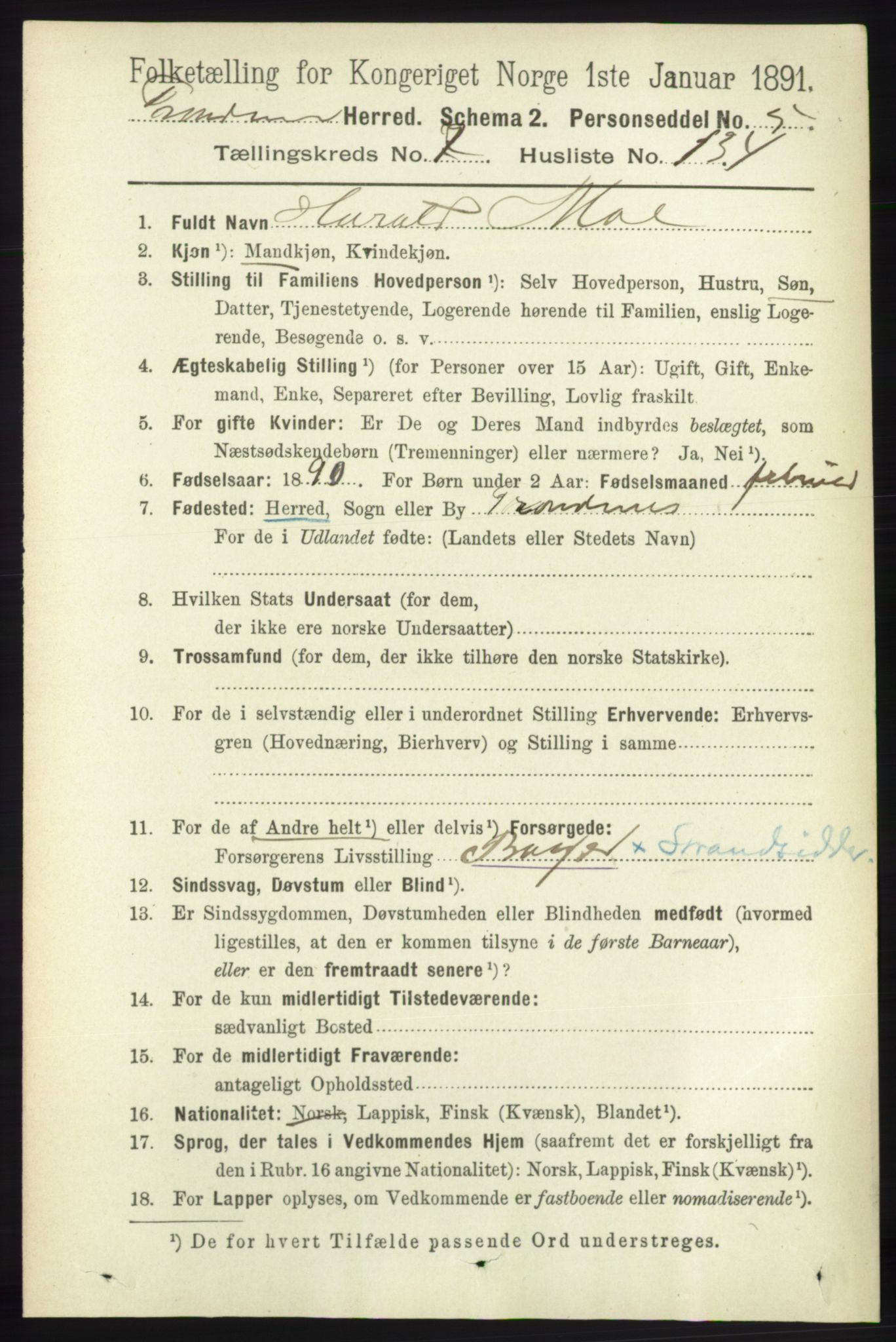 RA, 1891 census for 1914 Trondenes, 1891, p. 5335