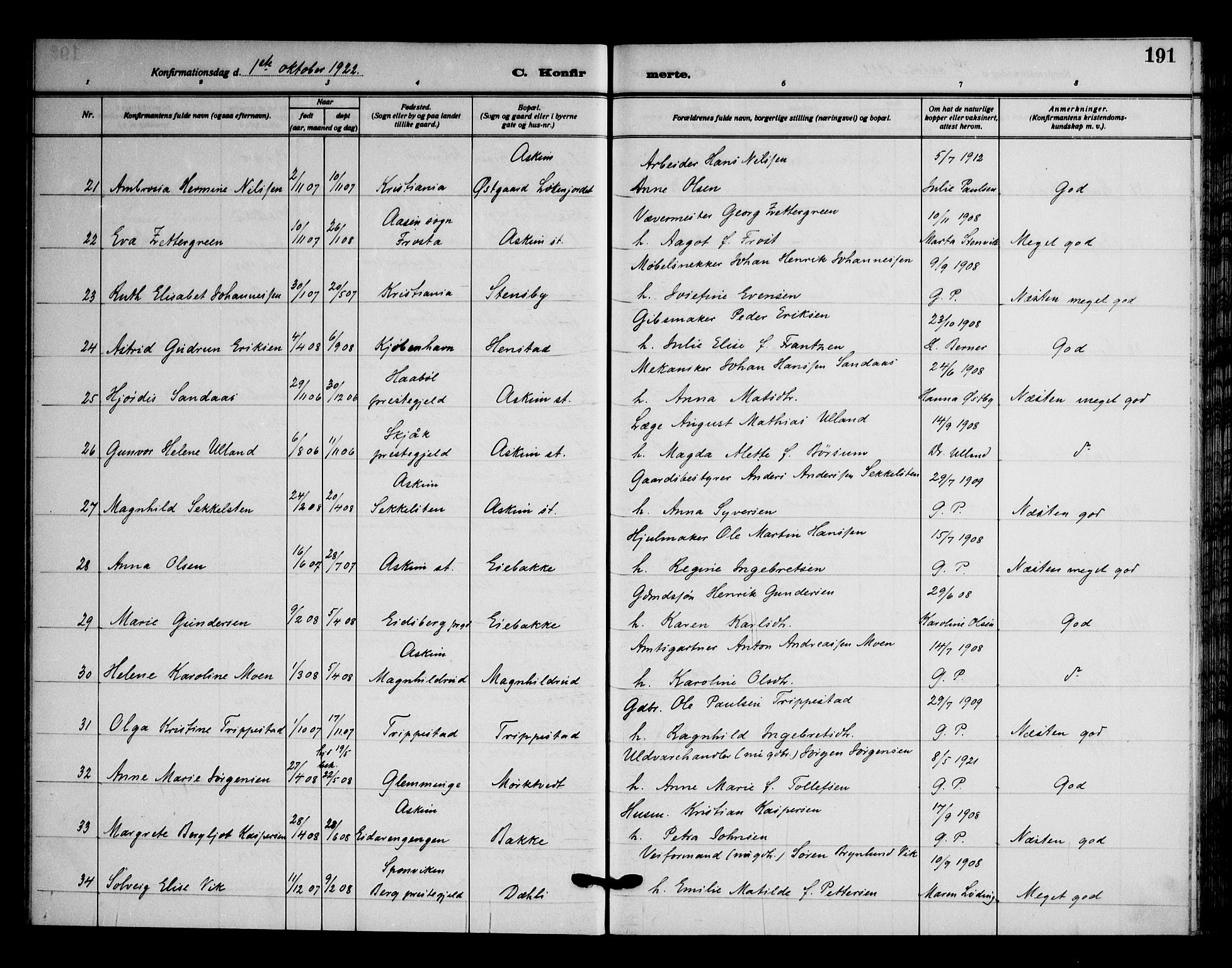 Askim prestekontor Kirkebøker, AV/SAO-A-10900/F/Fa/L0009: Parish register (official) no. 9, 1913-1923, p. 191