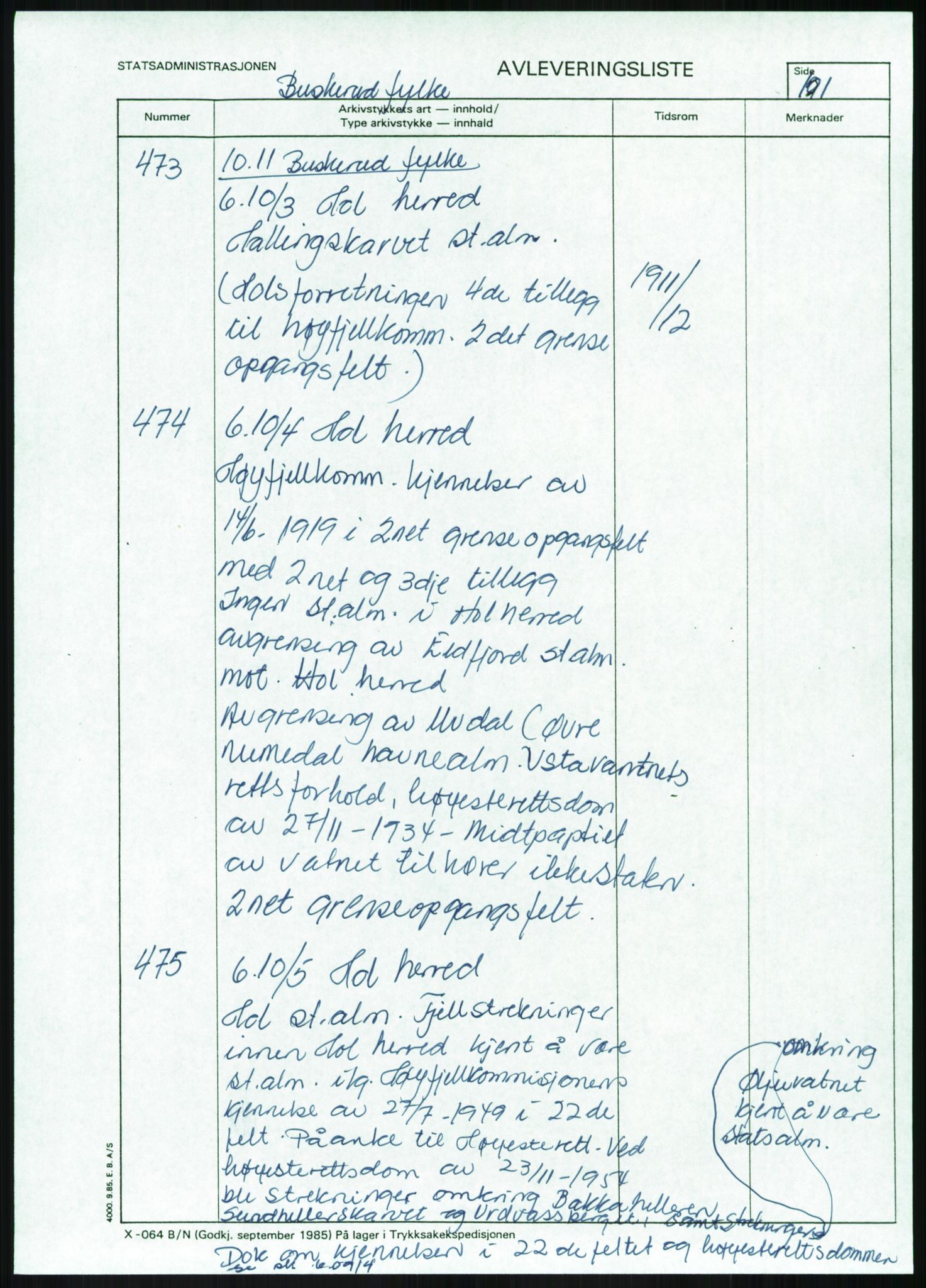 Direktoratet for statens skoger, AV/RA-S-1600/2/E/Eg/L0002: Arkivliste for 10.11-serien. Akershus til Sør-Trøndelag fylke. Mappenr. 1 - 925, 1957-1992, p. 192