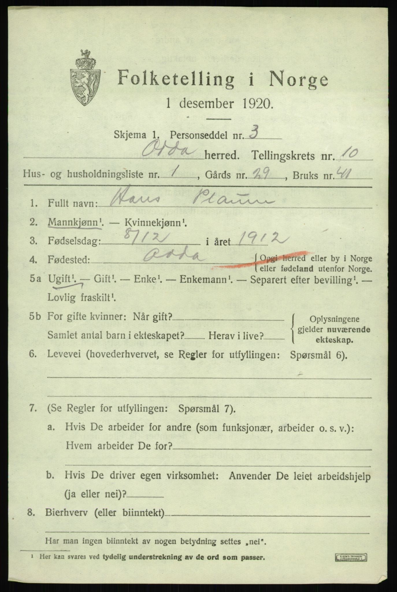 SAB, 1920 census for Odda, 1920, p. 9427