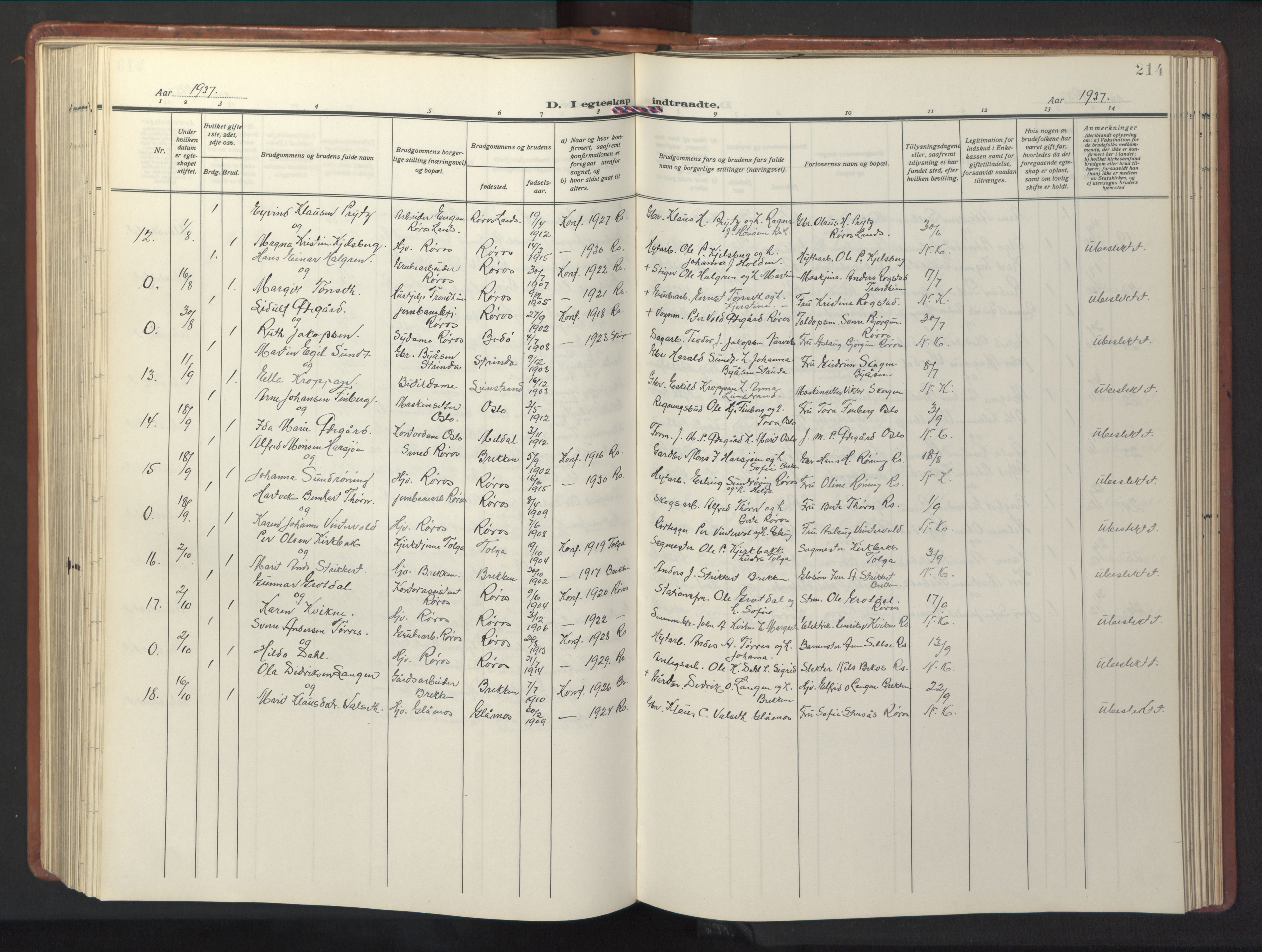 Ministerialprotokoller, klokkerbøker og fødselsregistre - Sør-Trøndelag, SAT/A-1456/681/L0943: Parish register (copy) no. 681C07, 1926-1954, p. 214