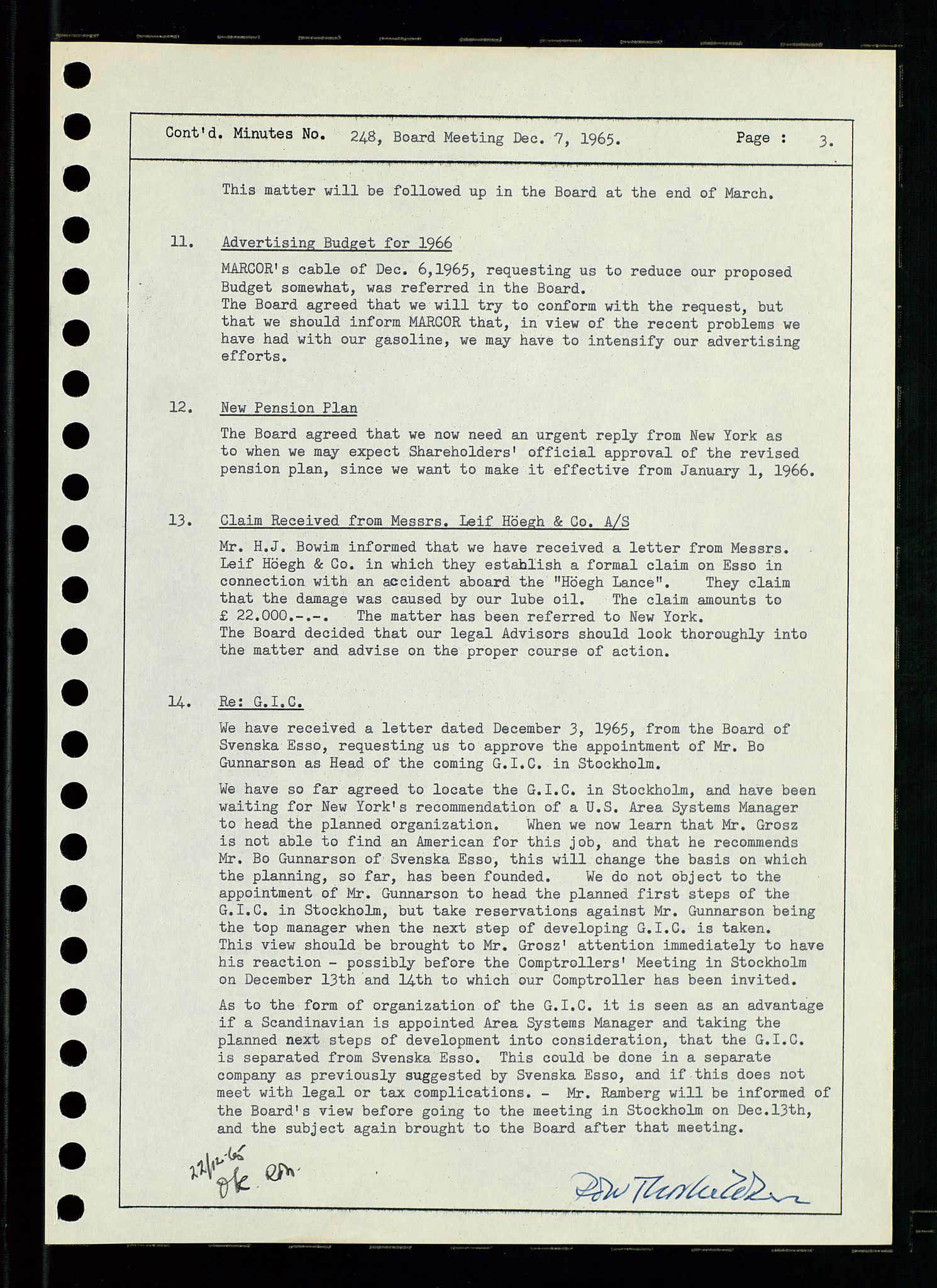 Pa 0982 - Esso Norge A/S, AV/SAST-A-100448/A/Aa/L0002/0001: Den administrerende direksjon Board minutes (styrereferater) / Den administrerende direksjon Board minutes (styrereferater), 1965, p. 14