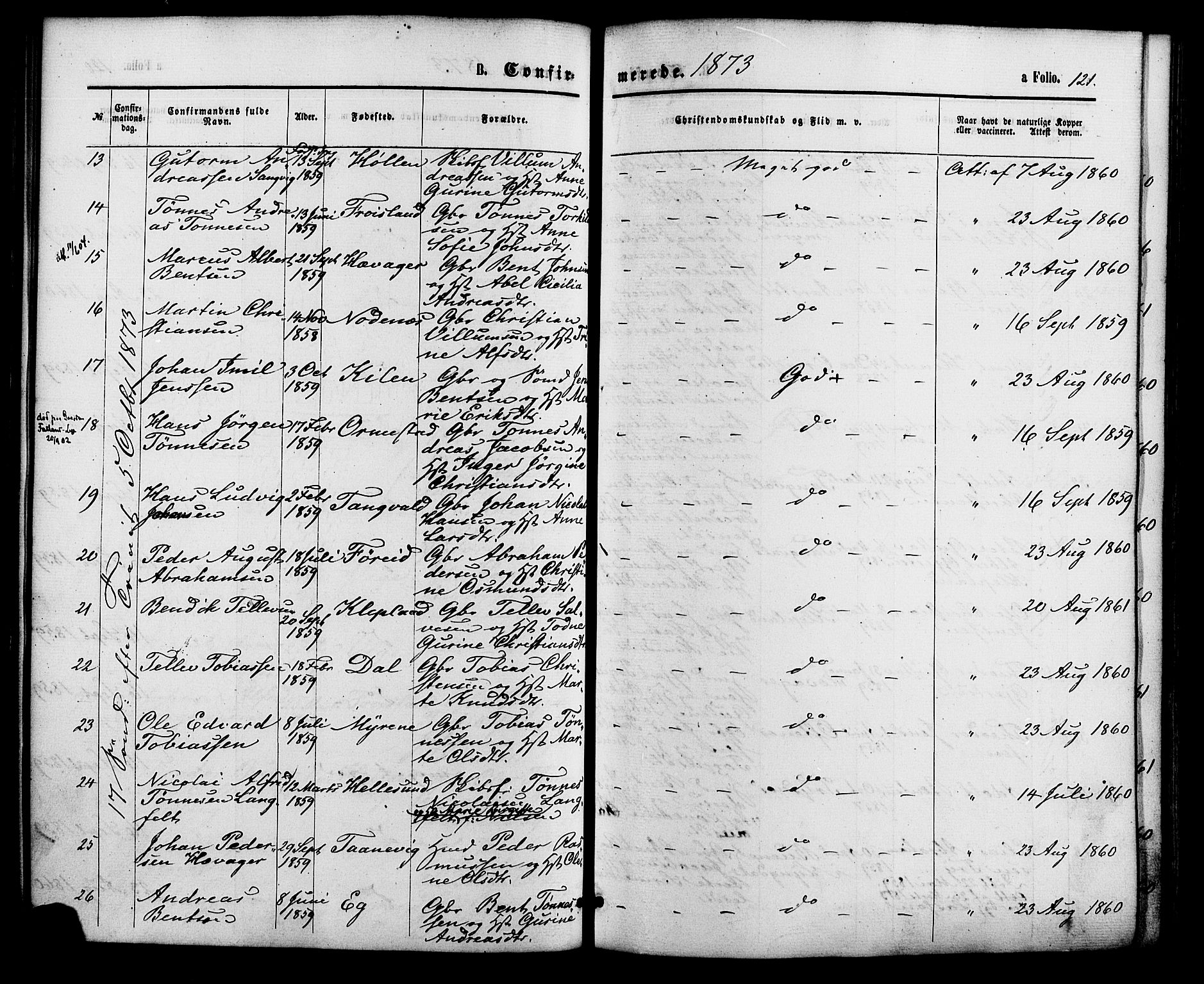 Søgne sokneprestkontor, SAK/1111-0037/F/Fa/Fab/L0011: Parish register (official) no. A 11, 1869-1879, p. 121