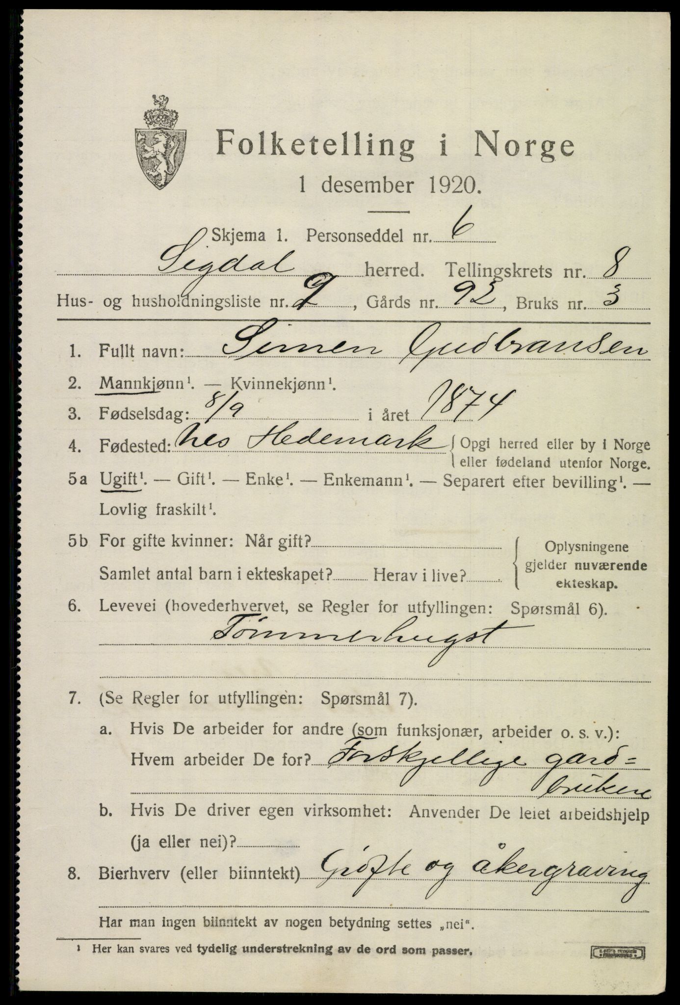 SAKO, 1920 census for Sigdal, 1920, p. 6100