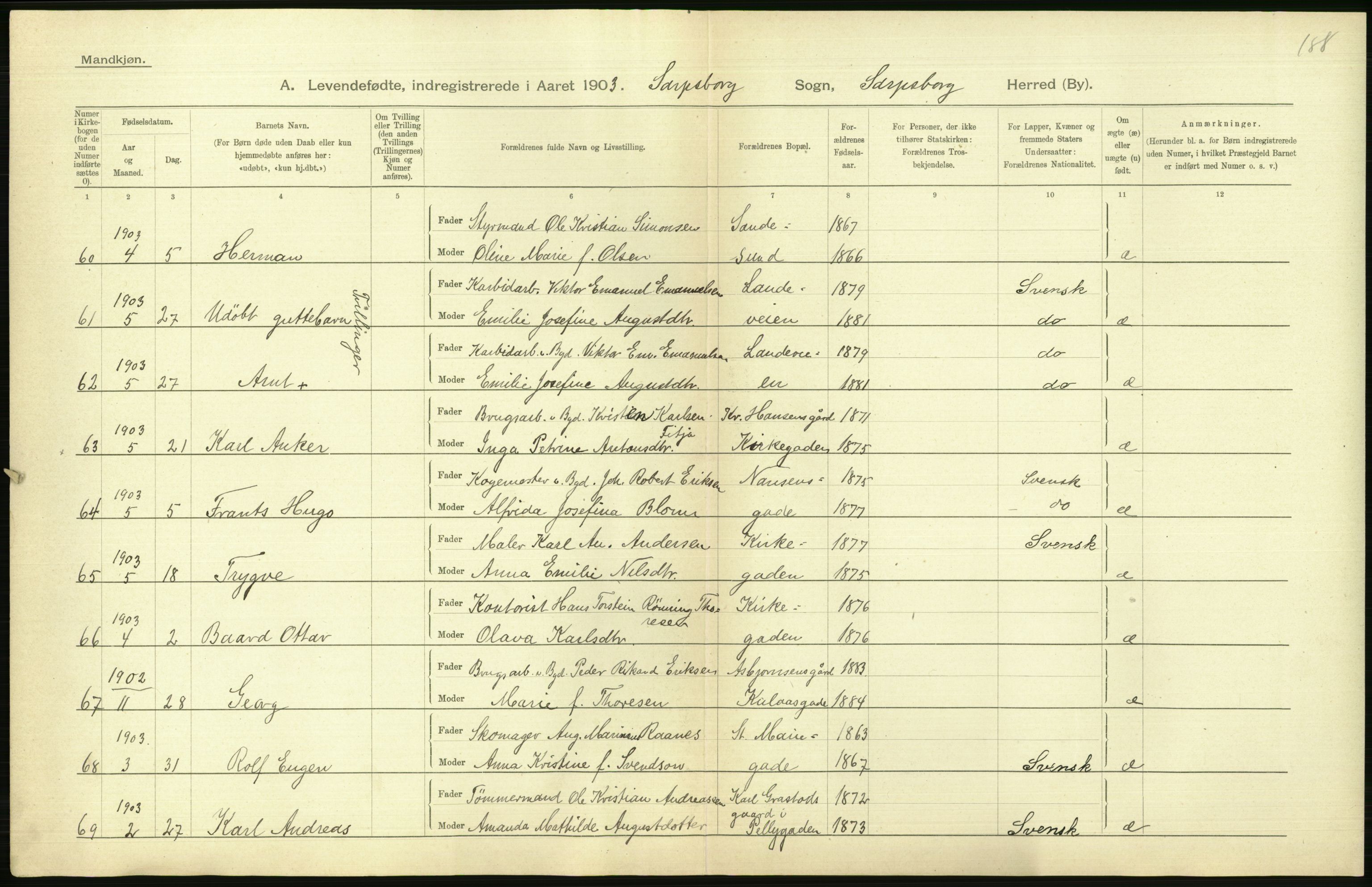 Statistisk sentralbyrå, Sosiodemografiske emner, Befolkning, AV/RA-S-2228/D/Df/Dfa/Dfaa/L0001: Smålenenes amt: Fødte, gifte, døde, 1903, p. 374