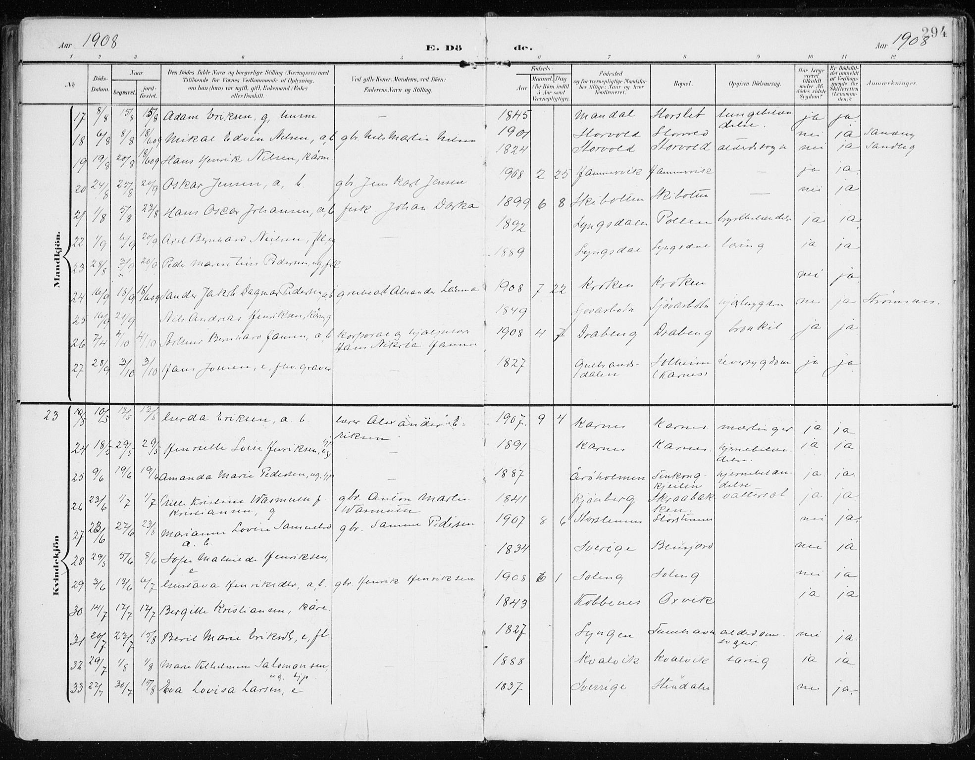 Lyngen sokneprestembete, AV/SATØ-S-1289/H/He/Hea/L0011kirke: Parish register (official) no. 11, 1903-1913, p. 294