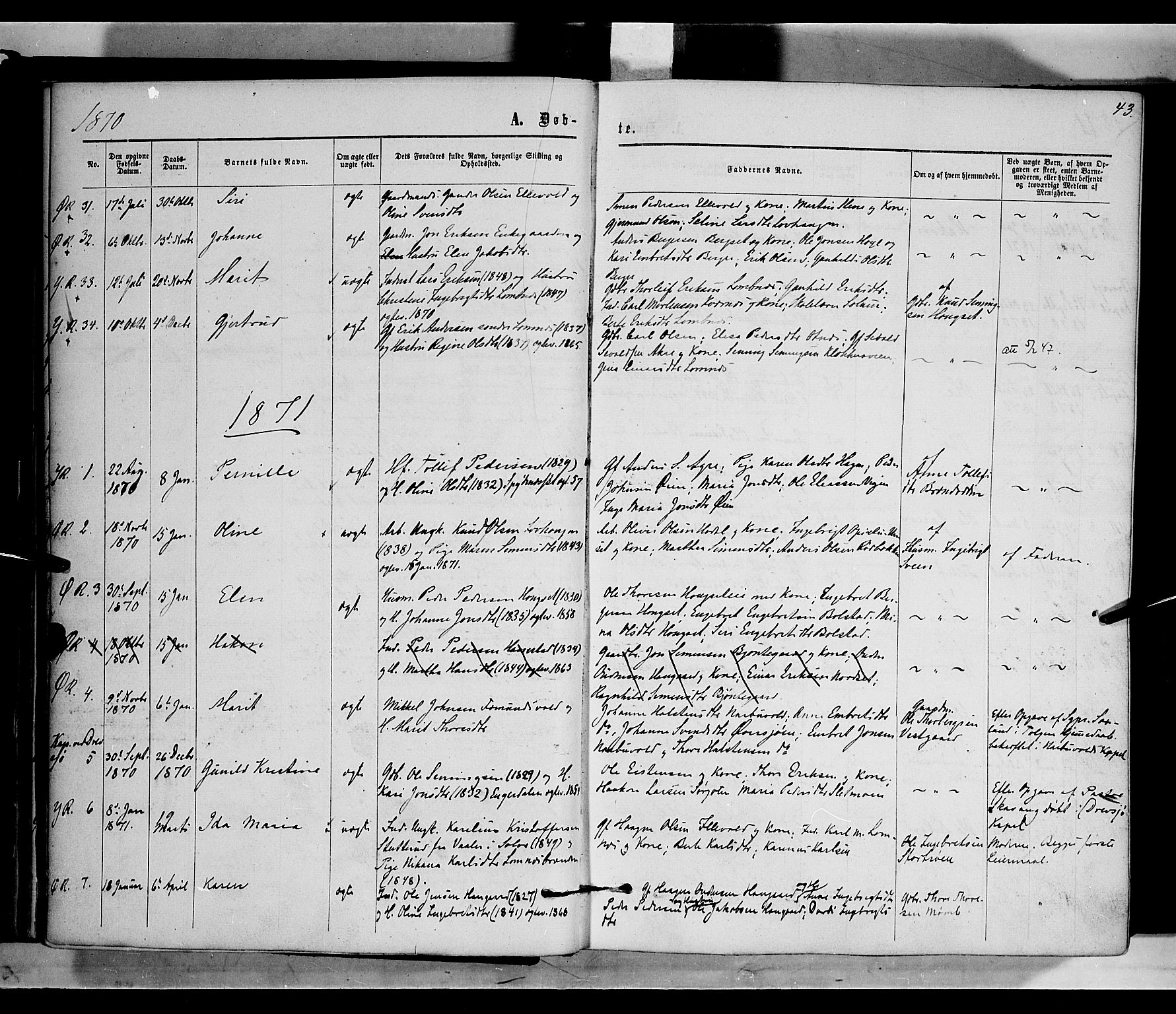 Rendalen prestekontor, AV/SAH-PREST-054/H/Ha/Haa/L0006: Parish register (official) no. 6, 1867-1877, p. 43