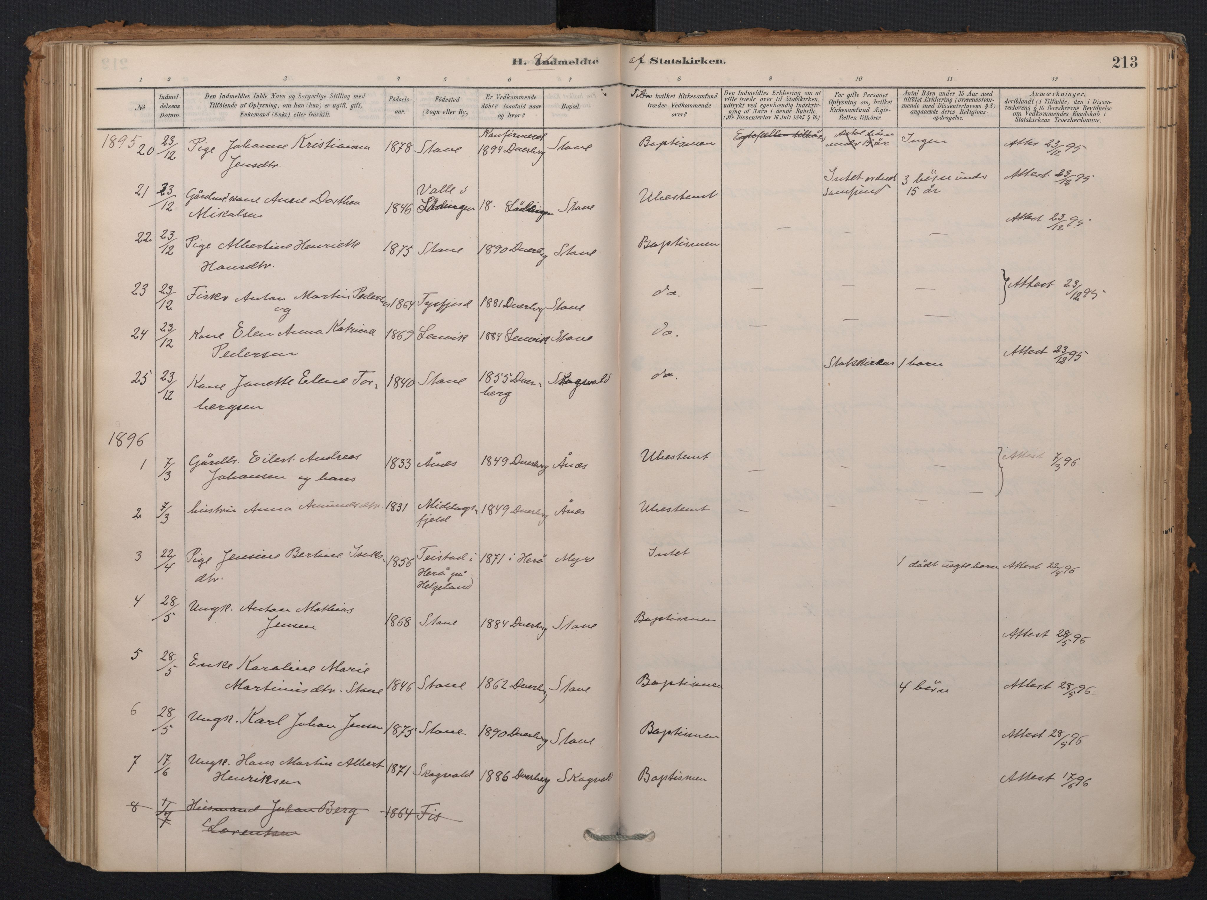 Ministerialprotokoller, klokkerbøker og fødselsregistre - Nordland, AV/SAT-A-1459/897/L1399: Parish register (official) no. 897A06, 1881-1896, p. 213