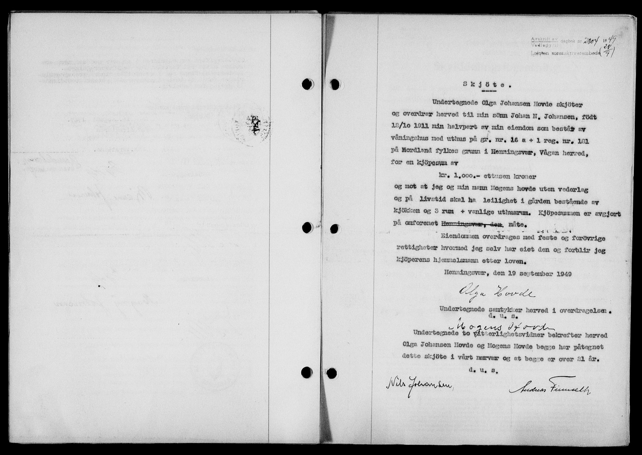 Lofoten sorenskriveri, SAT/A-0017/1/2/2C/L0021a: Mortgage book no. 21a, 1949-1949, Diary no: : 2304/1949