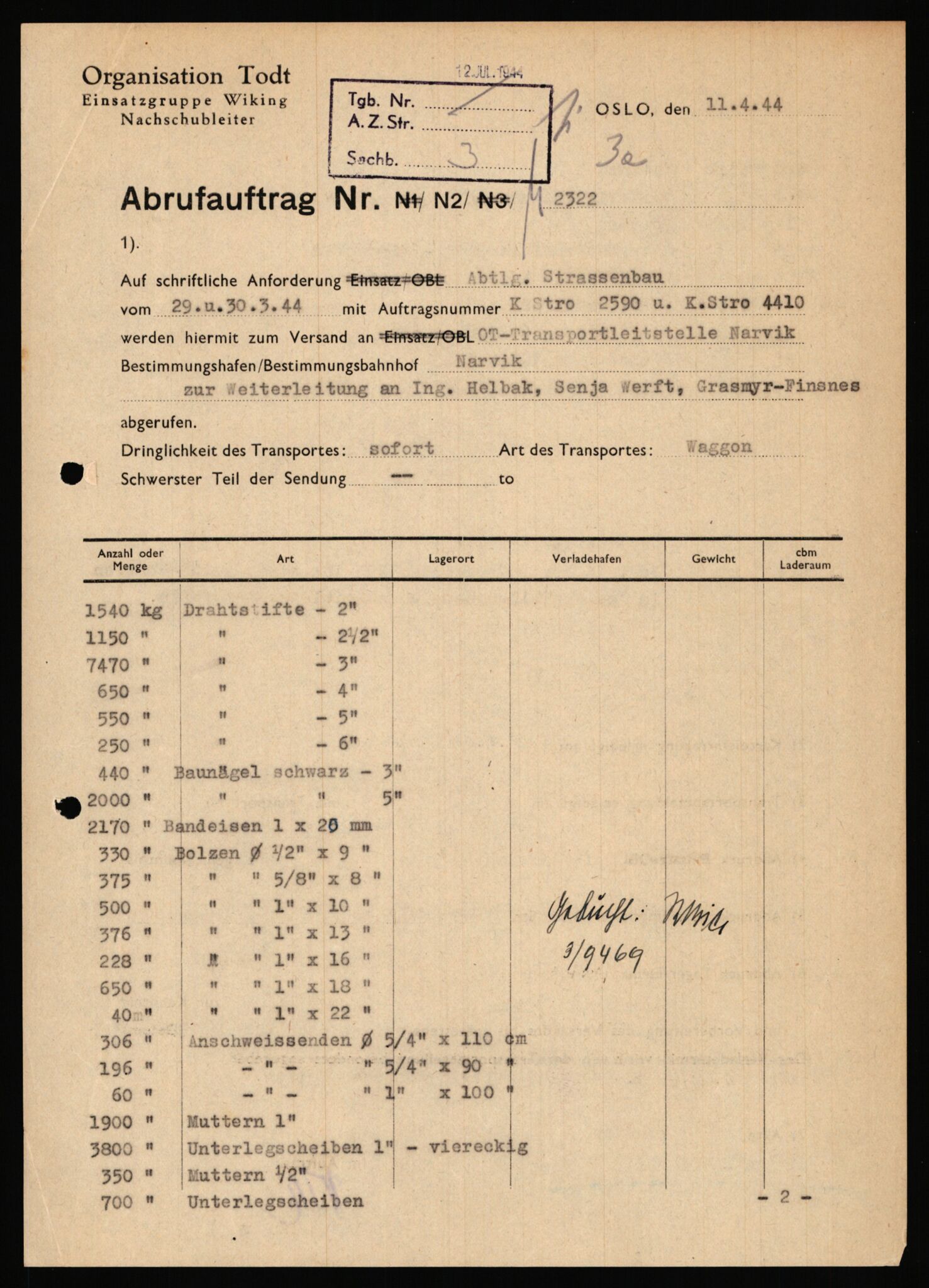 Tyske arkiver, Organisation Todt (OT), Einsatzgruppe Wiking, AV/RA-RAFA-2188/1/E/E6/E6c/L0007: Nachschub: Arkivkode 9451-9490, 1940-1945, p. 108