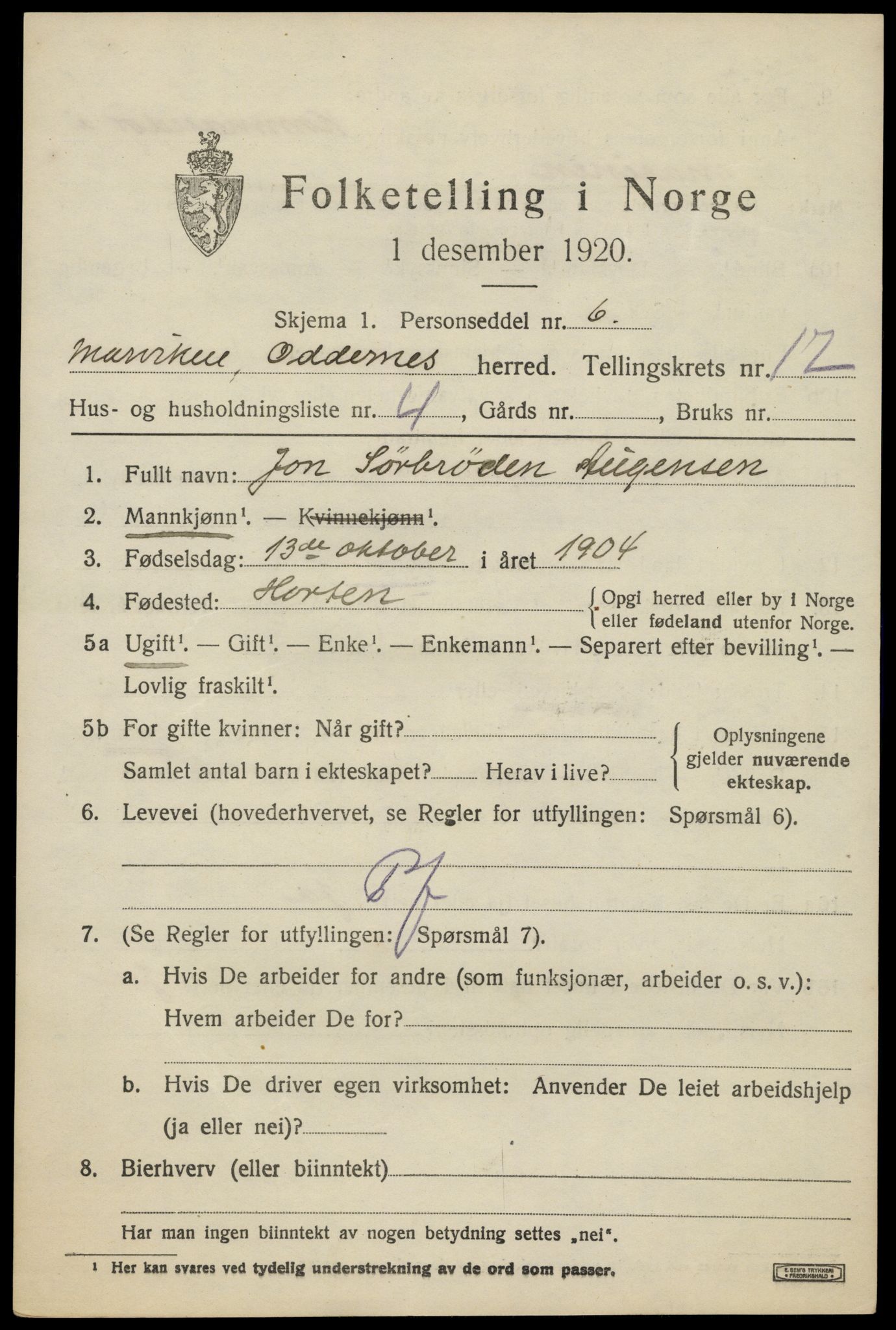 SAK, 1920 census for Oddernes, 1920, p. 12559