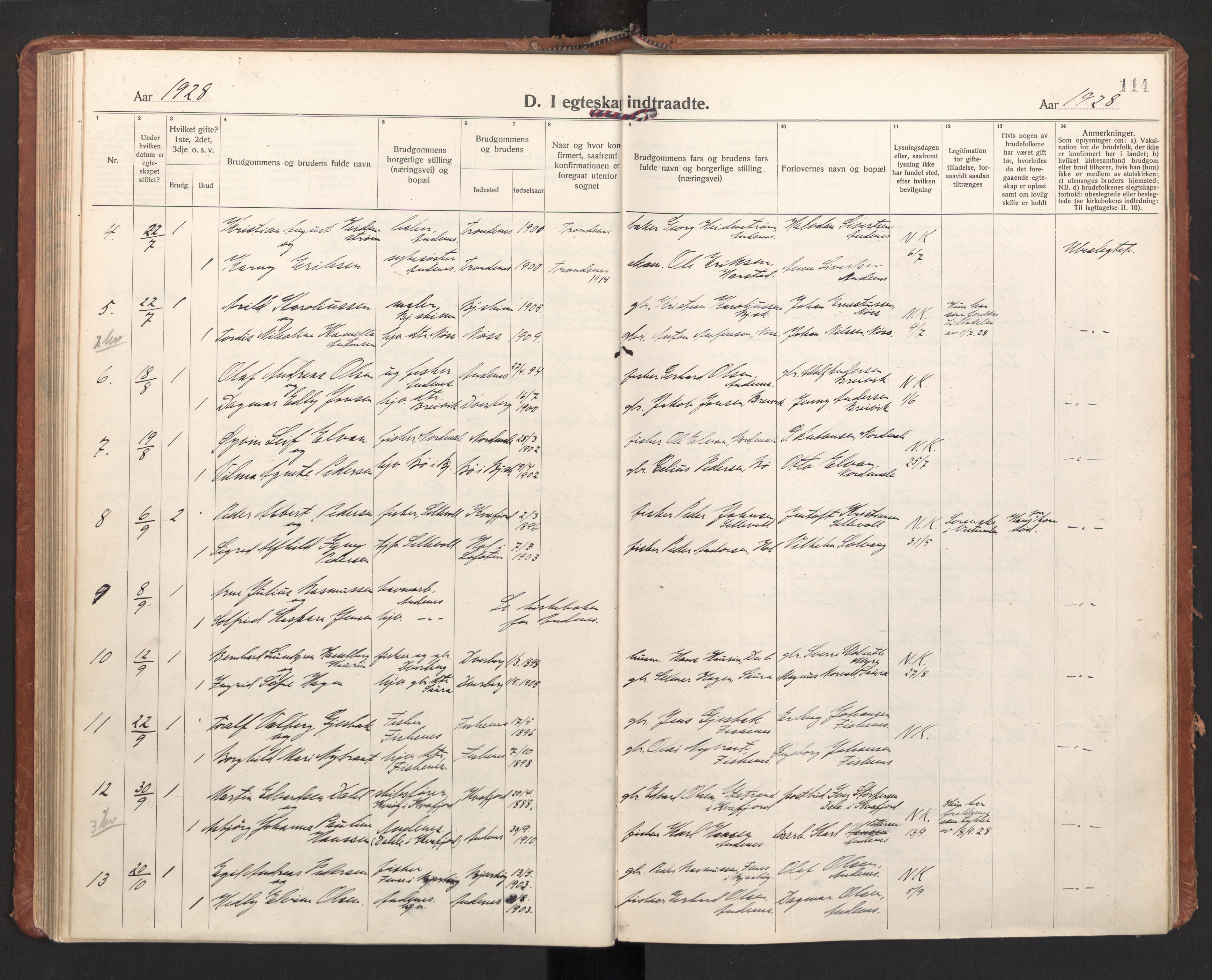 Ministerialprotokoller, klokkerbøker og fødselsregistre - Nordland, AV/SAT-A-1459/897/L1408: Parish register (official) no. 897A15, 1922-1938, p. 114