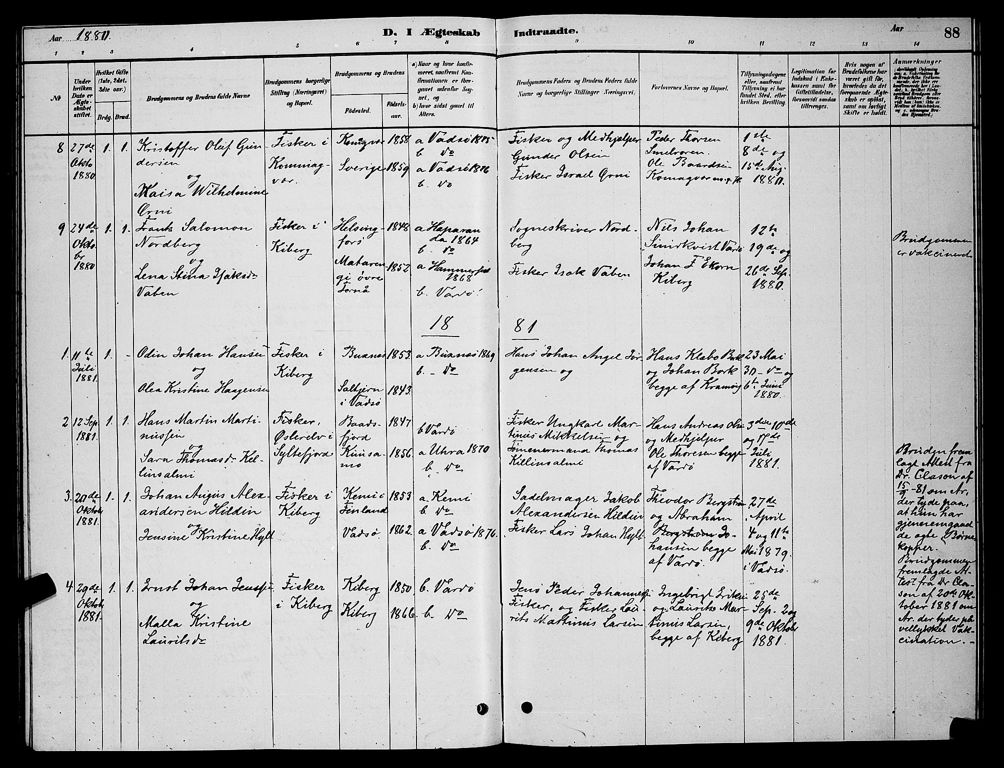 Vardø sokneprestkontor, SATØ/S-1332/H/Hb/L0006klokker: Parish register (copy) no. 6, 1879-1887, p. 88