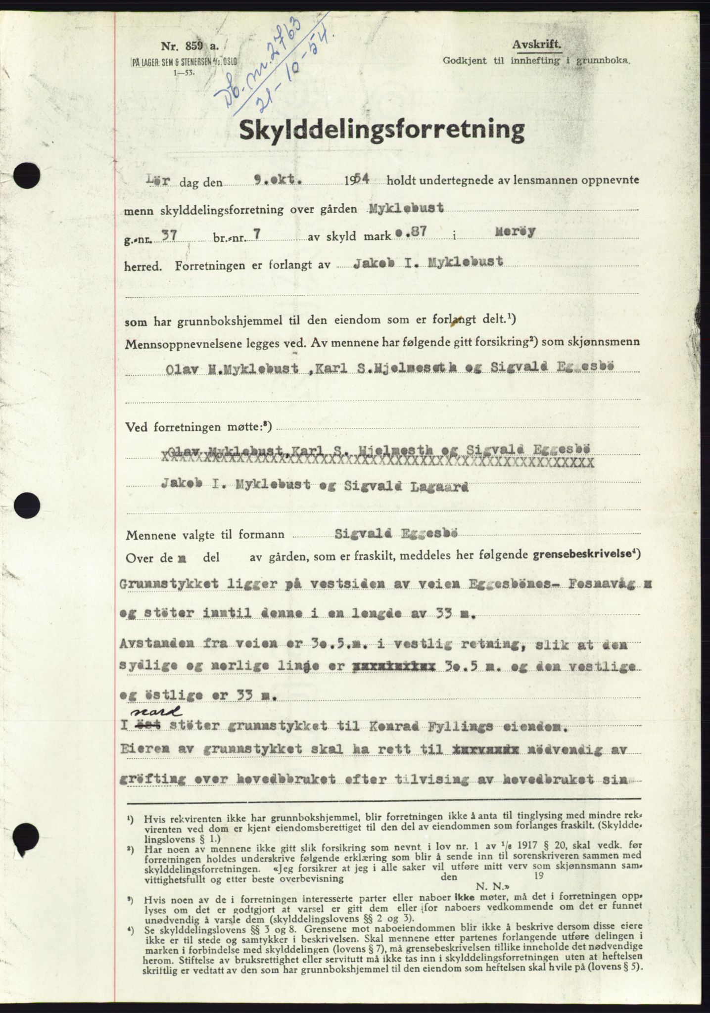 Søre Sunnmøre sorenskriveri, AV/SAT-A-4122/1/2/2C/L0099: Mortgage book no. 25A, 1954-1954, Diary no: : 2773/1954