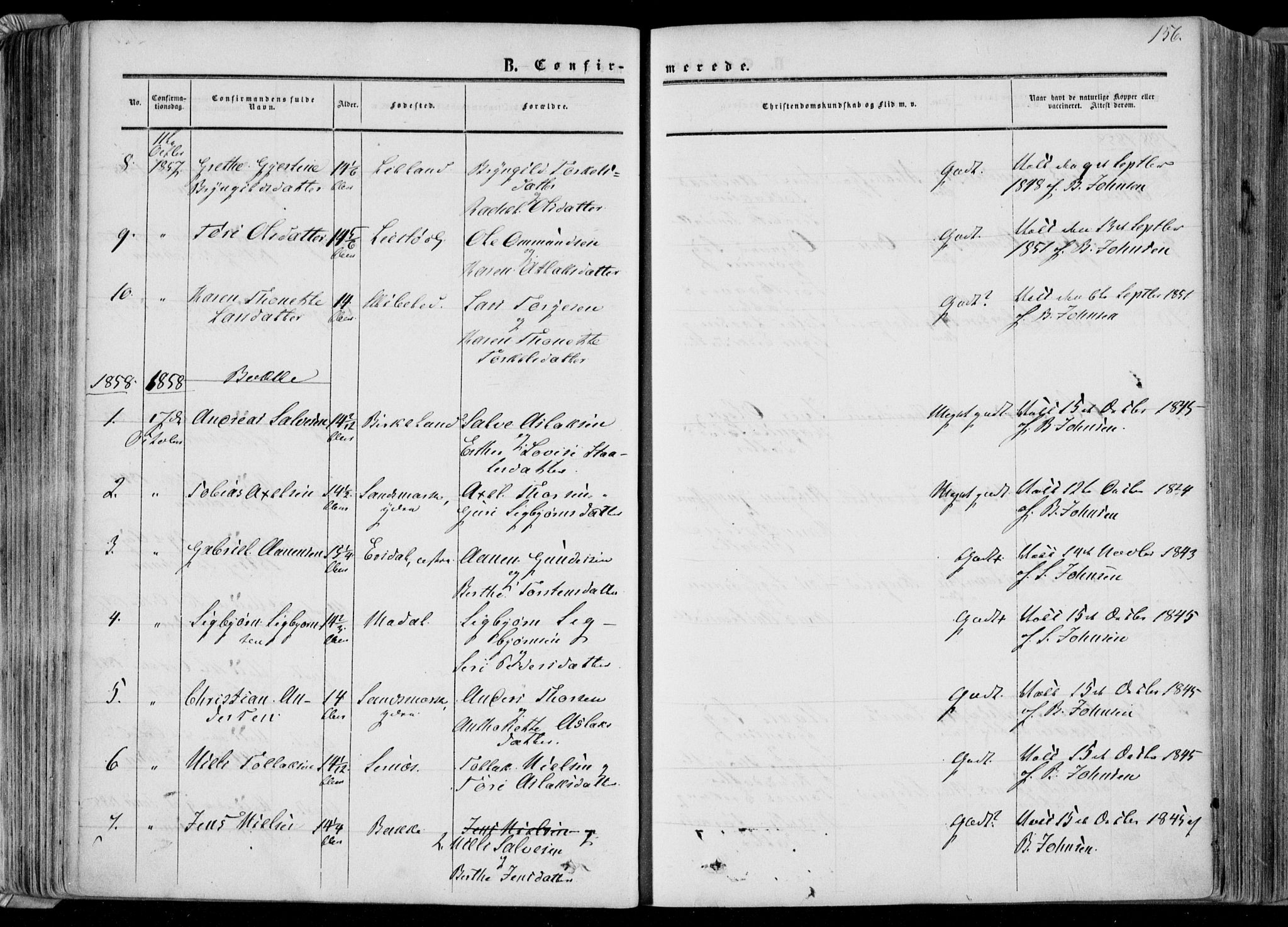 Bakke sokneprestkontor, SAK/1111-0002/F/Fa/Faa/L0006: Parish register (official) no. A 6, 1855-1877, p. 156