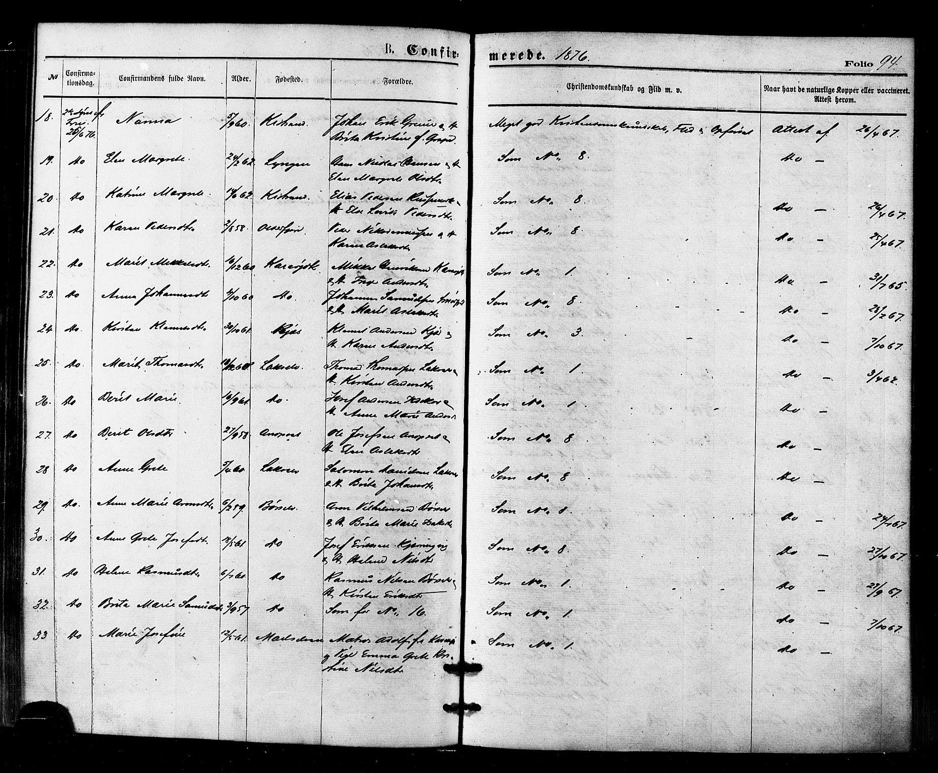 Kistrand/Porsanger sokneprestembete, SATØ/S-1351/H/Ha/L0006.kirke: Parish register (official) no. 6, 1875-1880, p. 94