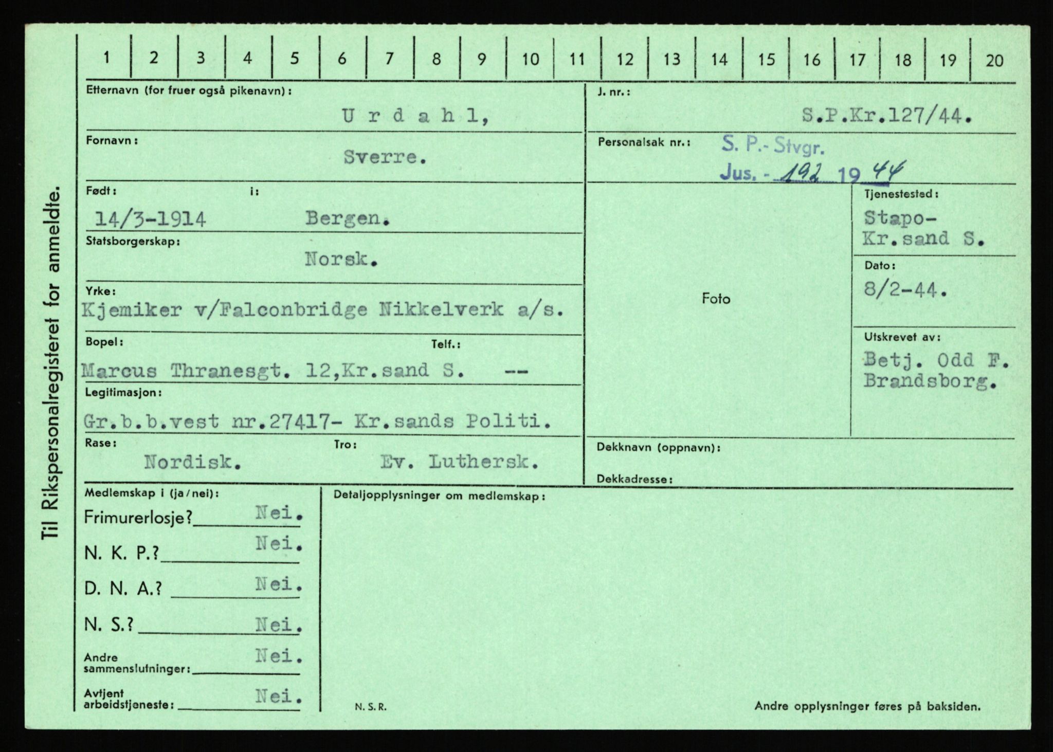 Statspolitiet - Hovedkontoret / Osloavdelingen, AV/RA-S-1329/C/Ca/L0016: Uberg - Øystese, 1943-1945, p. 304