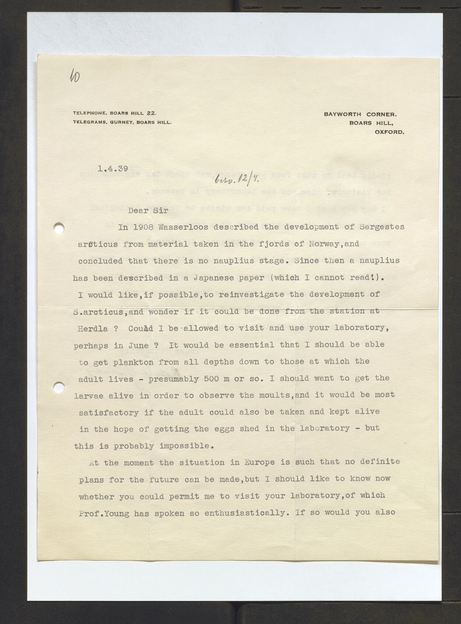 Bergens Museum, AV/SAB-A-17301/13/D/L0002: Korrespondanse , 1928-1940, p. 496