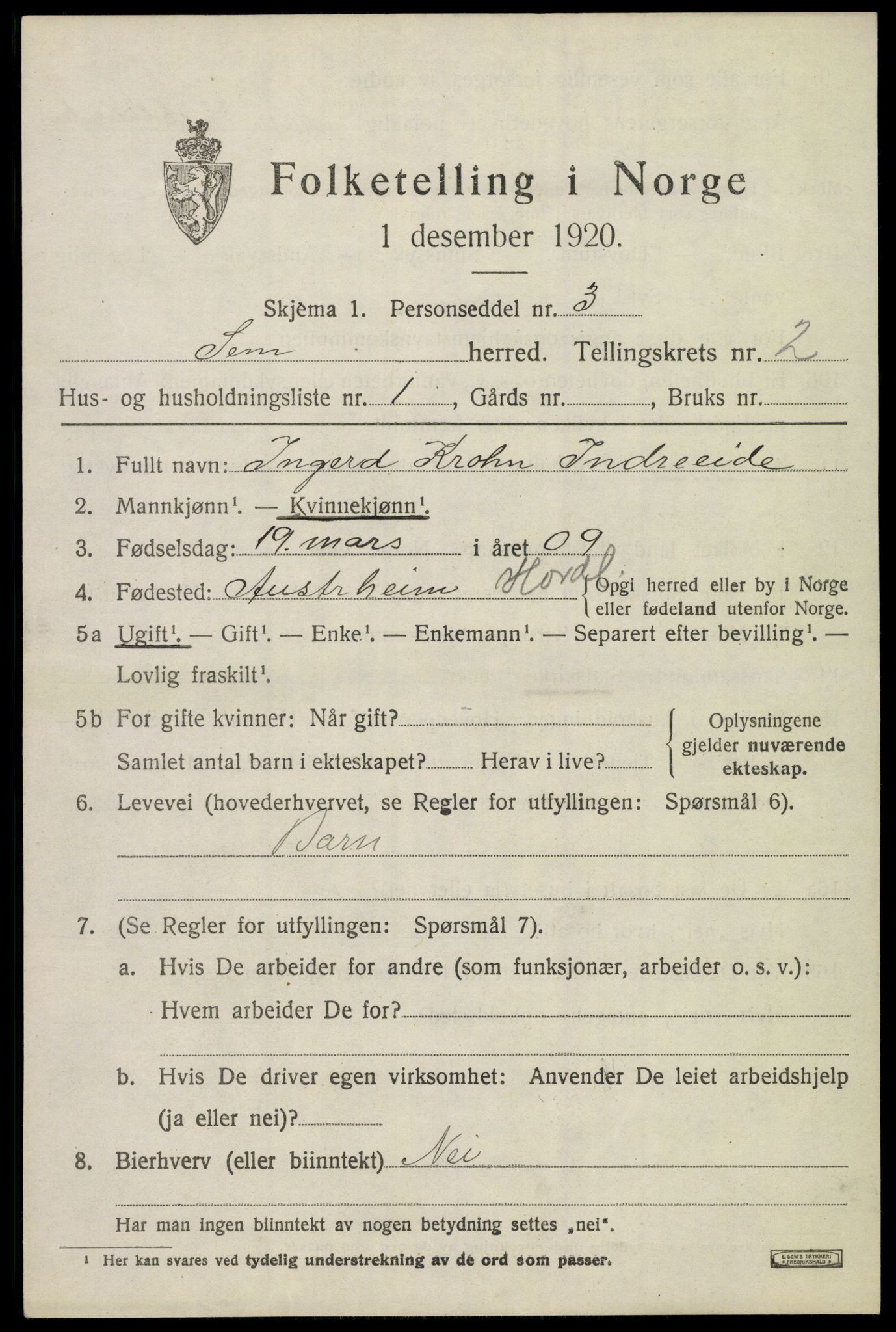 SAKO, 1920 census for Sem, 1920, p. 5265