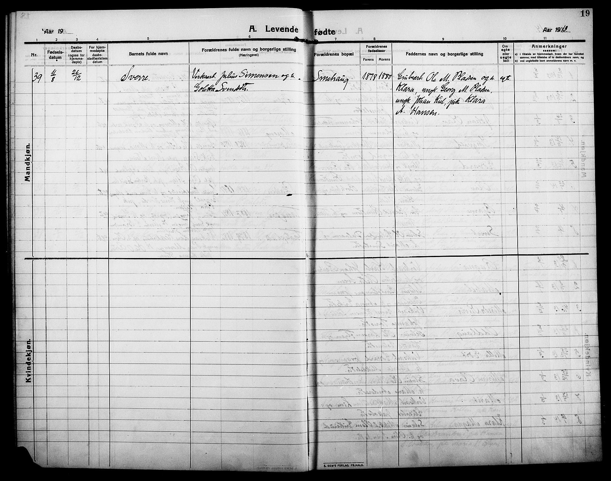 Alvdal prestekontor, SAH/PREST-060/H/Ha/Hab/L0006: Parish register (copy) no. 6, 1910-1924, p. 19