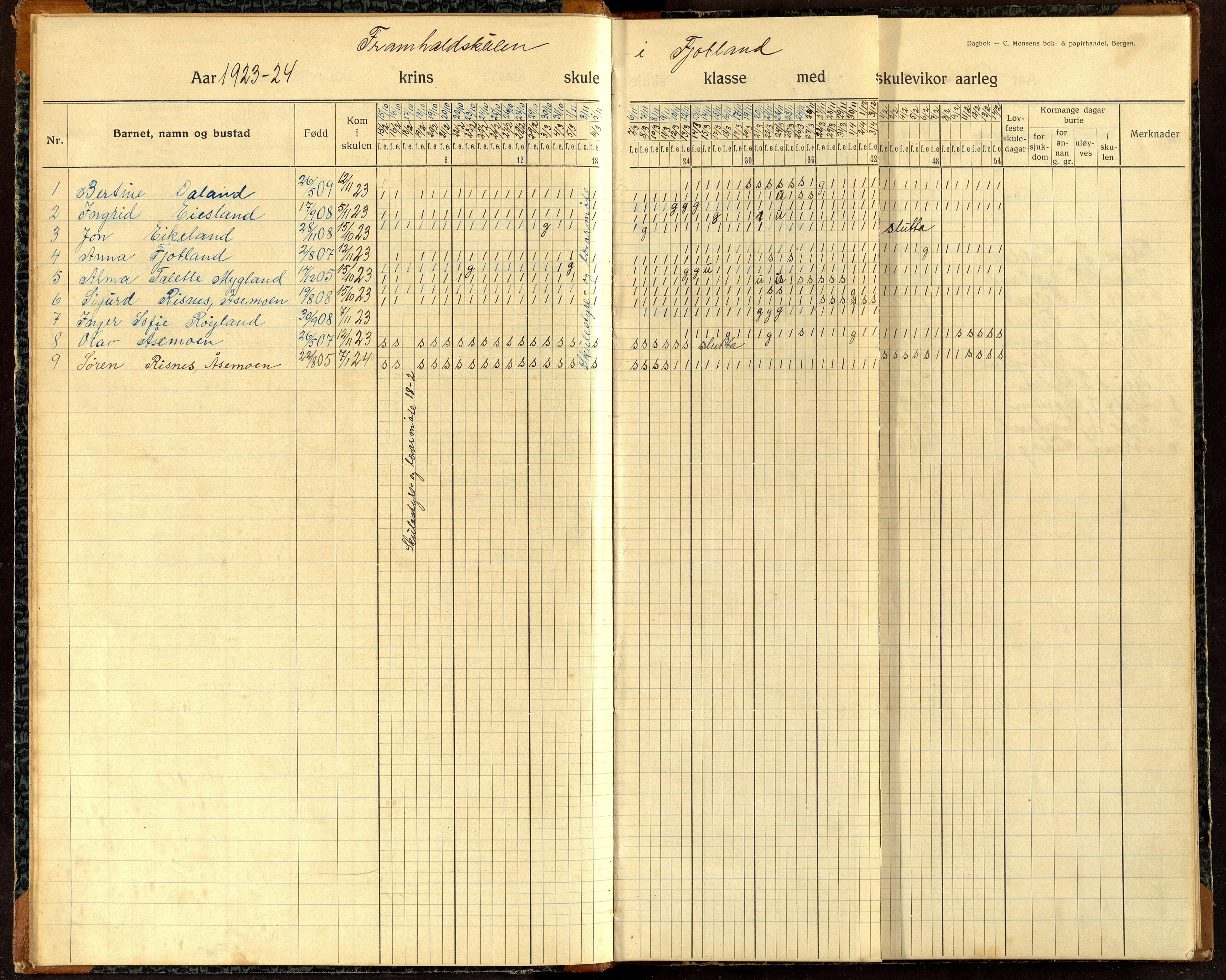 Hægebostad kommune - Hægebostad Framhaldskole, ARKSOR/1034HG555/I/L0001: Dagbok, 1922-1929