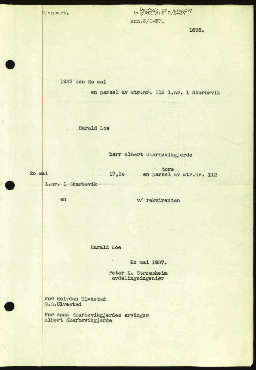 Ålesund byfogd, AV/SAT-A-4384: Mortgage book no. 34 I, 1936-1938, Diary no: : 566/1937